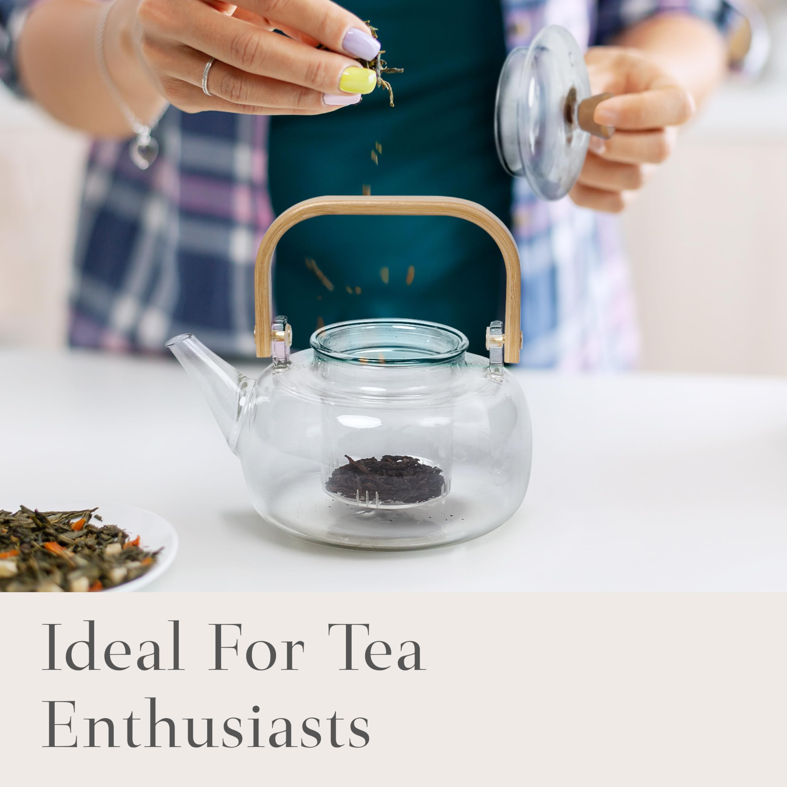 Premium Borosilicate Glass Teapot with Infuser & Bamboo Lid - Clear Stovetop Safe Tea Kettle - Dishwasher & Microwave Friendly - Perfect Gift for Tea Lovers - Ideal for Home, Office, and Tea Ceremonies