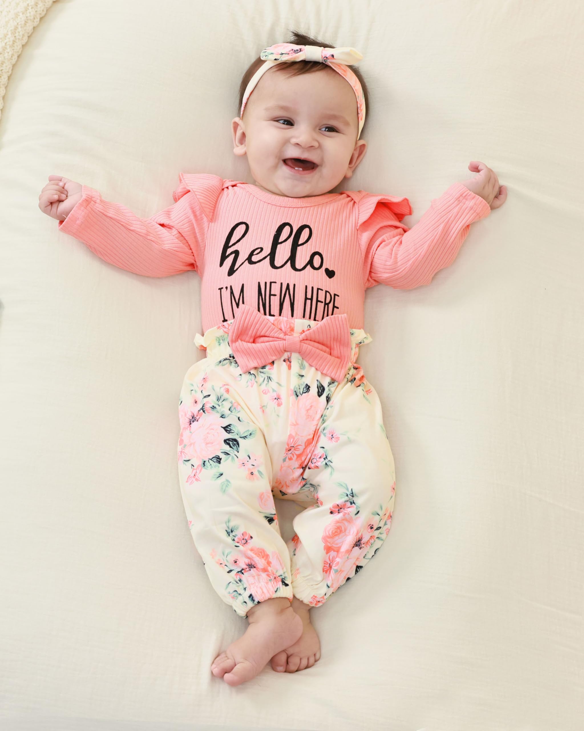 Newborn Baby Girl Clothes Set - Floral Romper & Pants with Headband | Winter Outfit for Infants 0-3 Months | Photo Shoots, Family Gatherings & Daily Wear