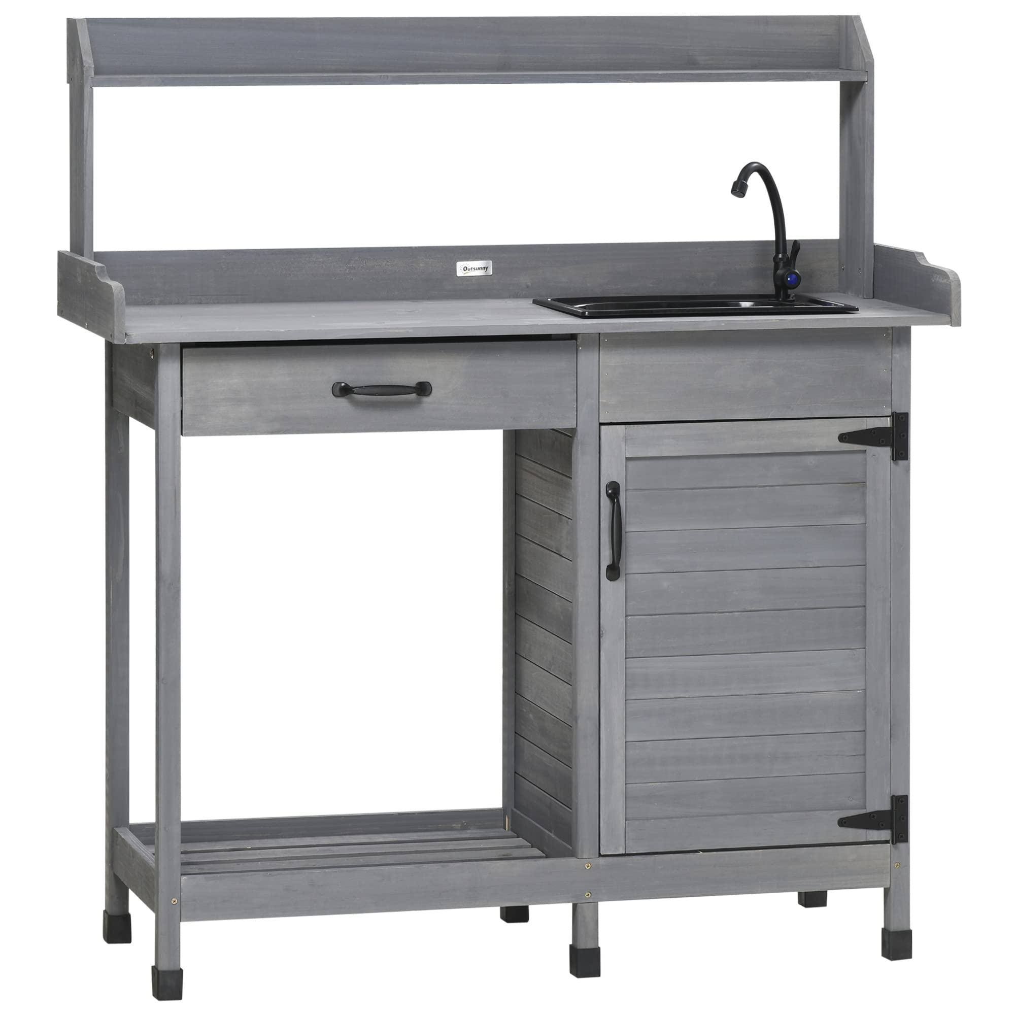 Outsunny Potting Bench with Sink & Storage | Heavy Duty Outdoor Work Table with Cabinet, Hooks, Removable Sink & Faucet | Perfect for Gardening, Greenhouse, Patio & Backyard Organizing | Gray