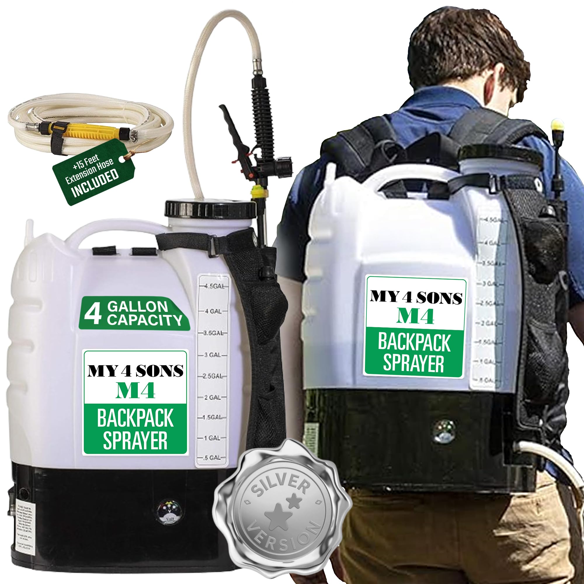 MY4SONS M4 Cordless Battery Powered Backpack Sprayer - 4 Gallon Capacity with 15ft Hose, Includes Rechargeable Battery & Charger, Adjustable Stainless Steel Nozzles - Perfect for Lawn Care, Garden Spraying, Pest Control & Agricultural Use - Silver (Model M4)