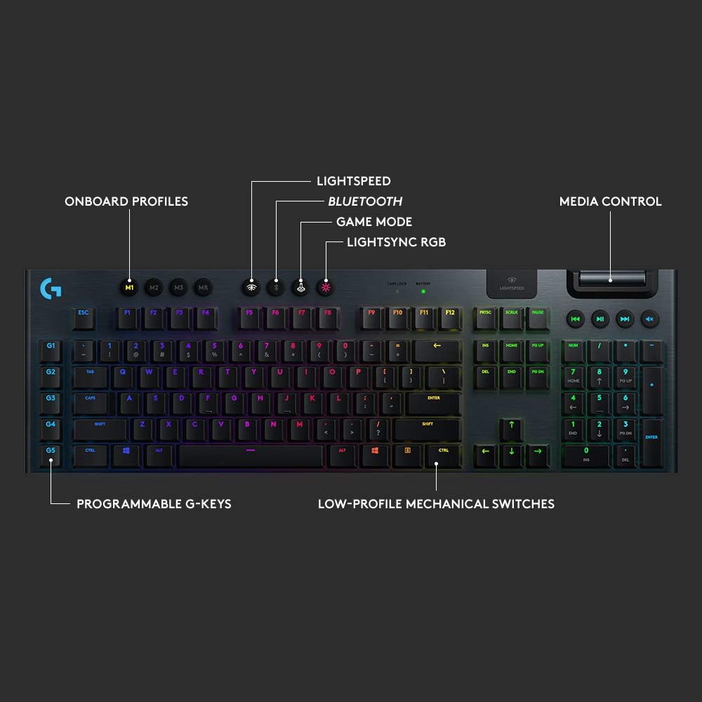Logitech G915 LIGHTSPEED Wireless RGB Mechanical Gaming Keyboard - Low Profile GL Clicky Switches, LIGHTSYNC RGB, Bluetooth - Black | Perfect for PC Gaming, Streaming & Office Work