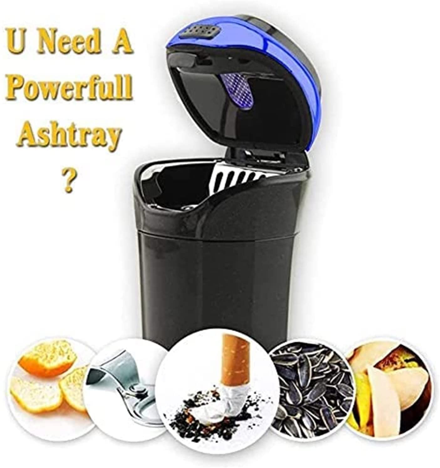 Premium Detachable Car Ashtray with Lighter Set - Blue LED Light Indicator & Lid for Smoke-Free Vehicles | Ideal for Car, Home, Office & Travel Use (Color: Black)