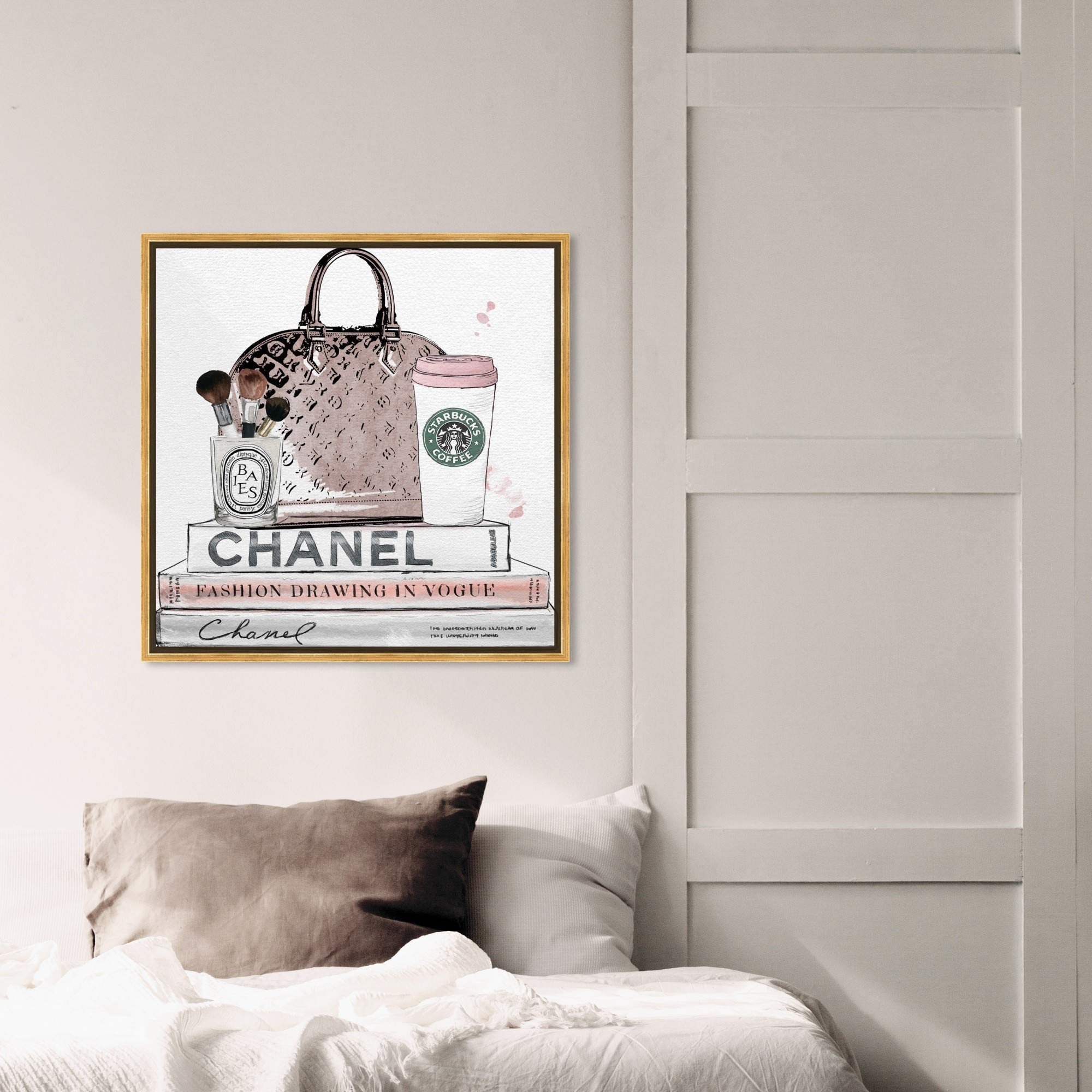 Blush and Makeup Brush Framed Wall Art Canvas Print - Fashion & Glam Decor for Bedroom, Living Room, Salon, or Beauty Studio