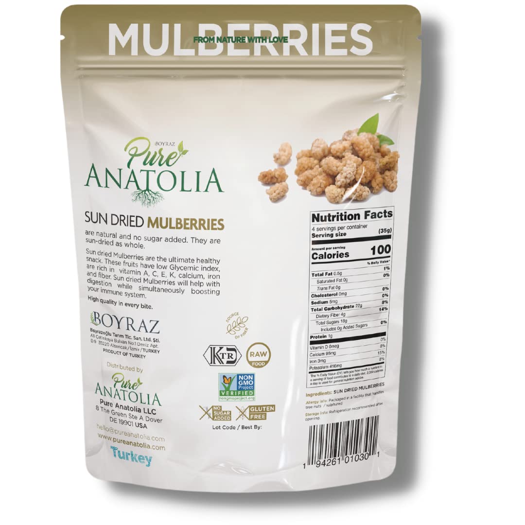100% Sun-Dried White Mulberries by Pure Anatolia | Non-GMO, No Sugar Added, Sulfur-Free, Kosher Certified | Healthy Whole Fruit Fiber Snacks | 5 oz Resealable Pack | Perfect for Smoothies, Yogurt, Baking & On-the-Go Snacking