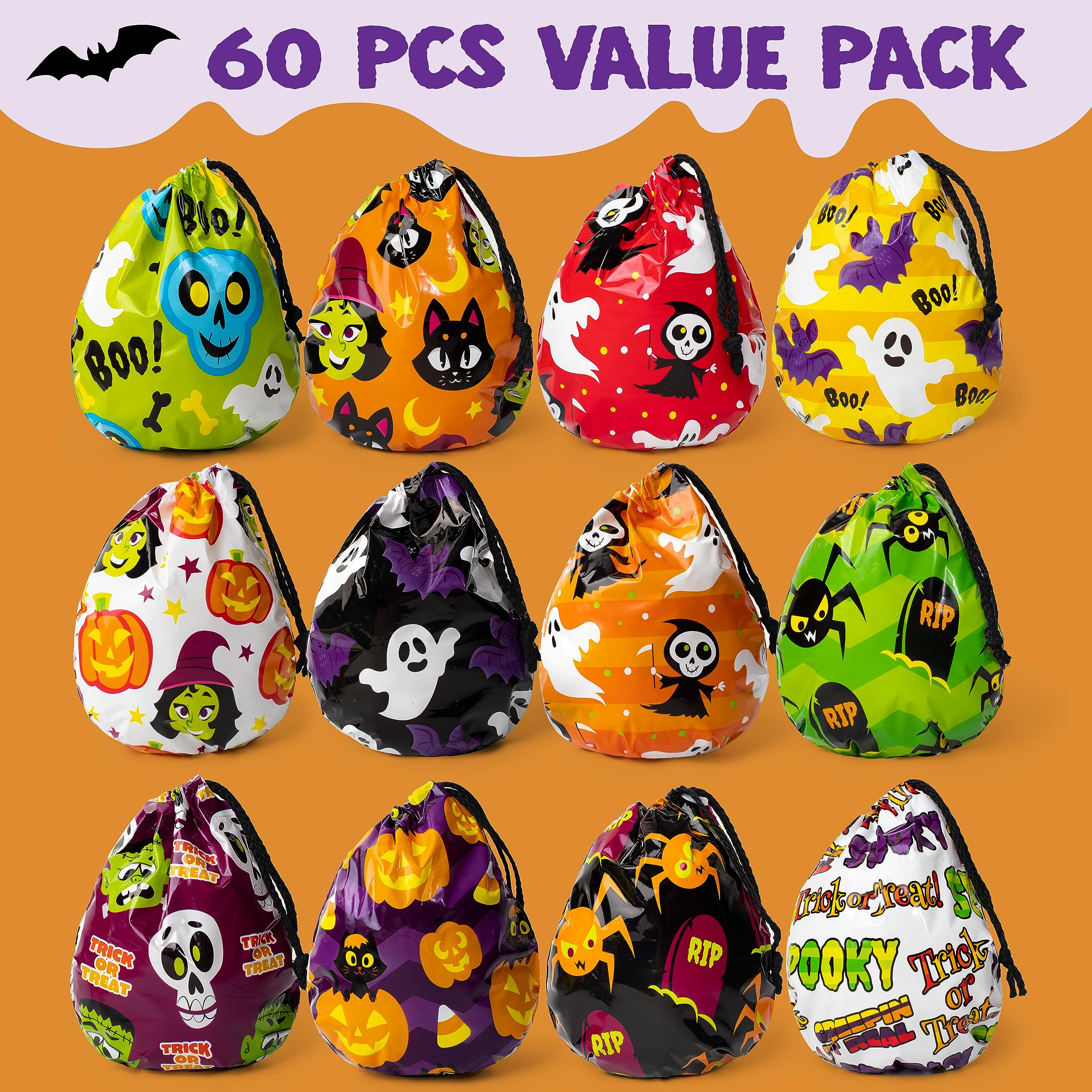 JOYIN 60 Pack Halloween Treat Bags for Kids - Drawstring Goodie Bags for Trick or Treat, Classroom Party Favors, Candy & Gift Bags - Perfect for Halloween Parties, School Events & Candy Exchange