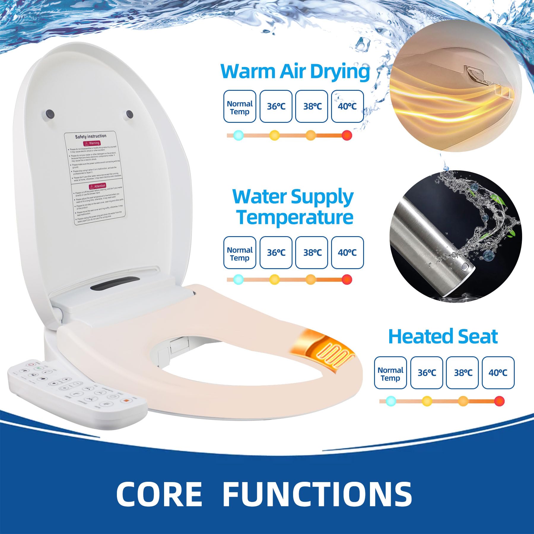Smart Heated Bidet Toilet Seat Round - Unlimited Warm Water, Vortex Wash, Warm Air Dryer, Rear/Front Wash & LED Light - Perfect for Modern Bathrooms & Luxury Home Upgrades
