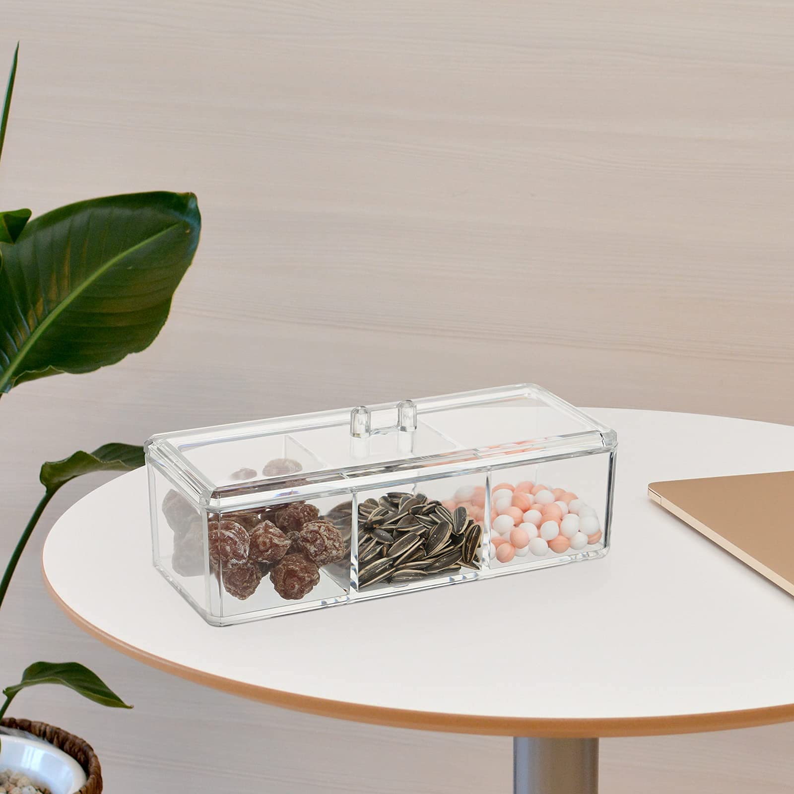 Clear Acrylic Drawer Organizer with Lid - 3 Compartment Makeup Storage Box for Vanity Desk, Bathroom & Jewelry Display - 9.17x3.7x3.46 Inch Small Item Organizer - Perfect for Cosmetics, Office Supplies & Craft Storage