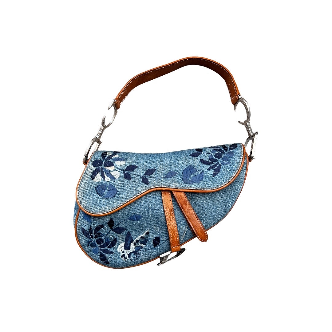 Vintage Dior 2000s Embroidered Denim Saddle Bag - Authentic Designer Crossbody Purse for Women, Fashion Accessory & Collector's Item | Perfect for Casual Outings, Date Nights & Special Occasions