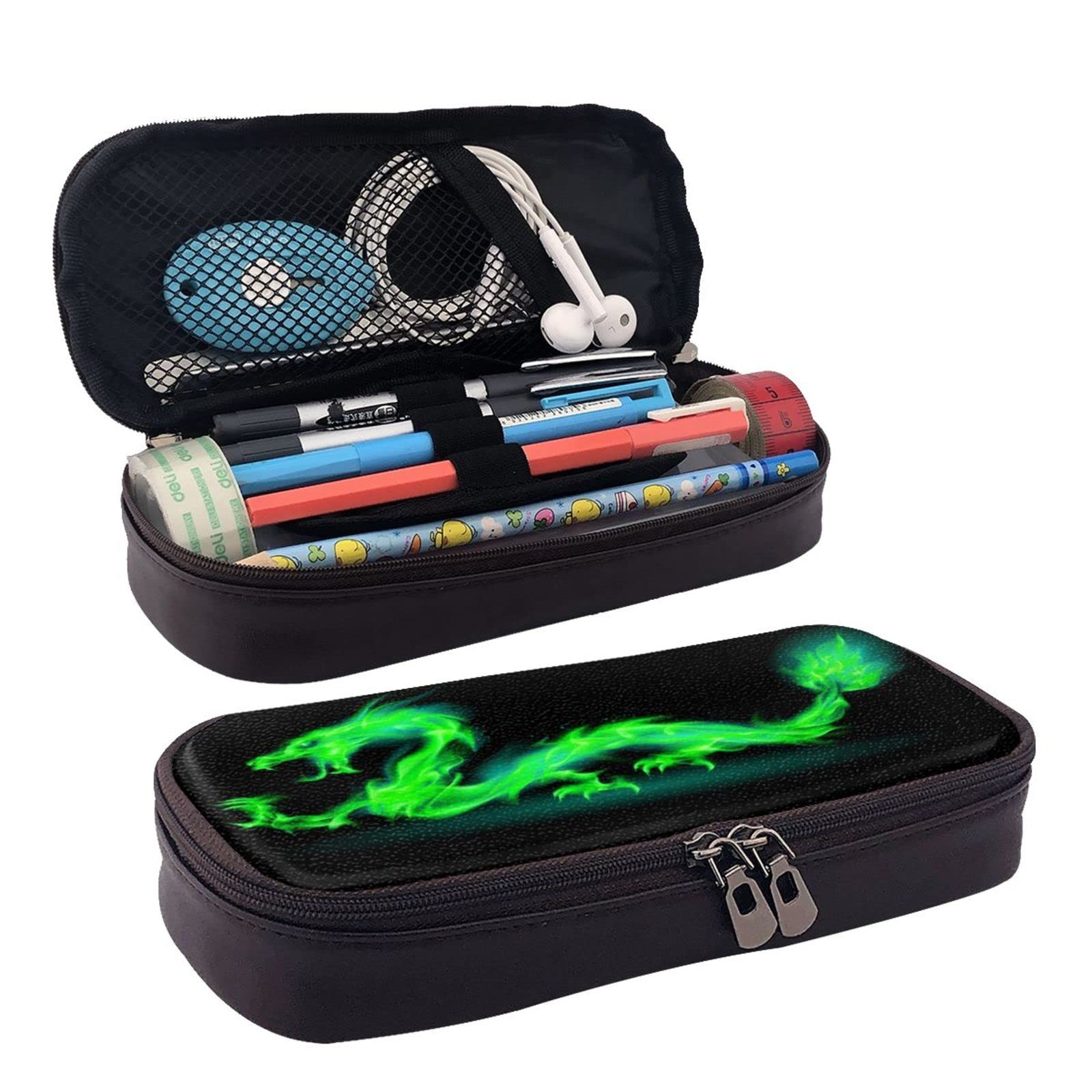Large-Capacity Green Dragon Pencil Case - Pu Leather Stationery & Travel Organizer for School & Office