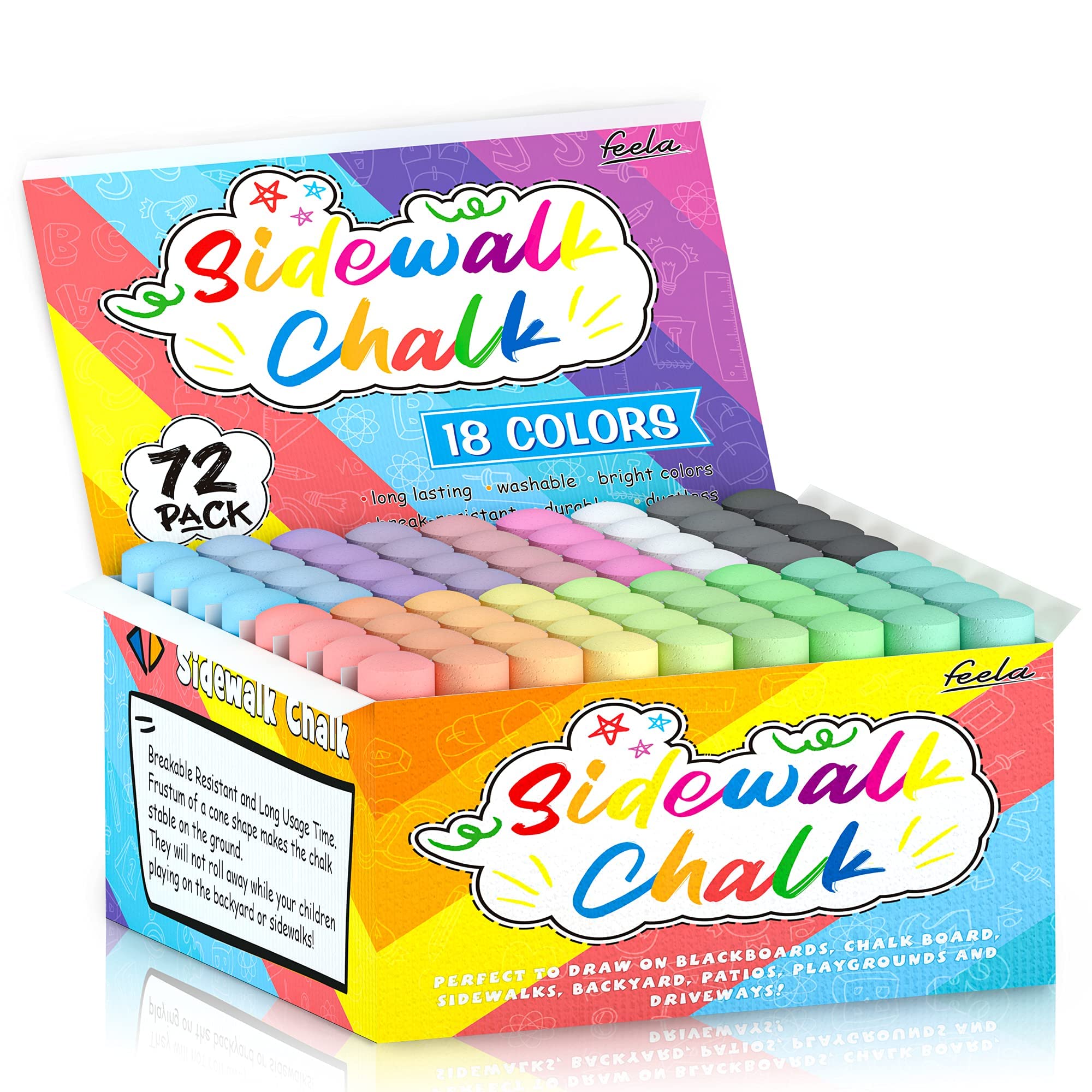 Feela 72-Piece Jumbo Sidewalk Chalk Set - 18 Vibrant Colors for Outdoor Play, Blackboard & Street Art - Perfect for Kids, Family Fun, School Activities & Playground Creativity