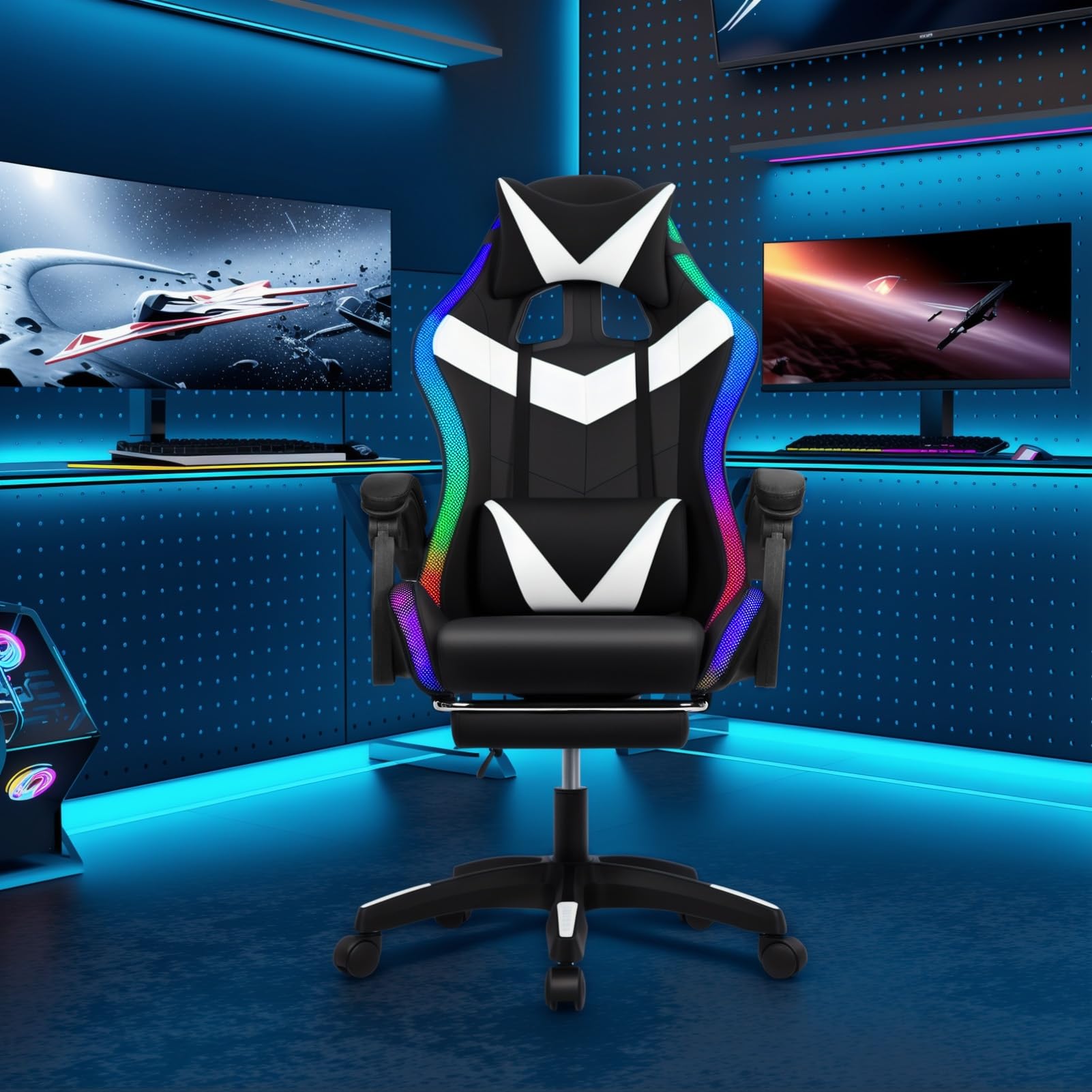 Ergonomic Gaming Chair with Footrest, Bluetooth Speakers & RGB Lights - Office Massage Chair with Pocket Spring Cushion for Adults (350lbs Capacity) - Perfect for PC Gaming, Home Office & Streaming (White & Black)
