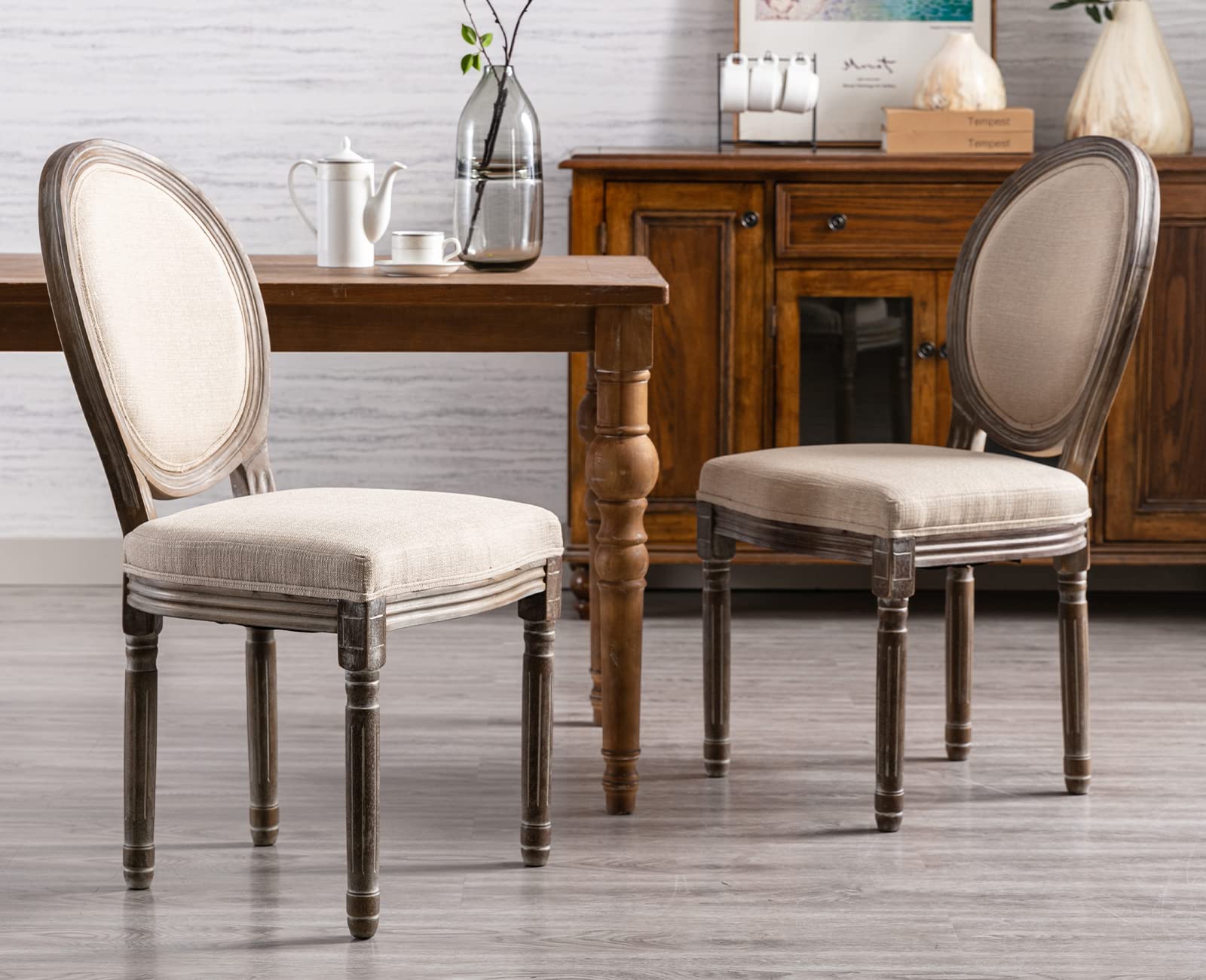 Kmax Farmhouse Dining Chairs Set of 2 - Brown Wooden Legs with Elegant Tufted Beige Fabric & Distressed Round Back - Perfect for Kitchen, Dining Room, Bedroom or French Country Decor