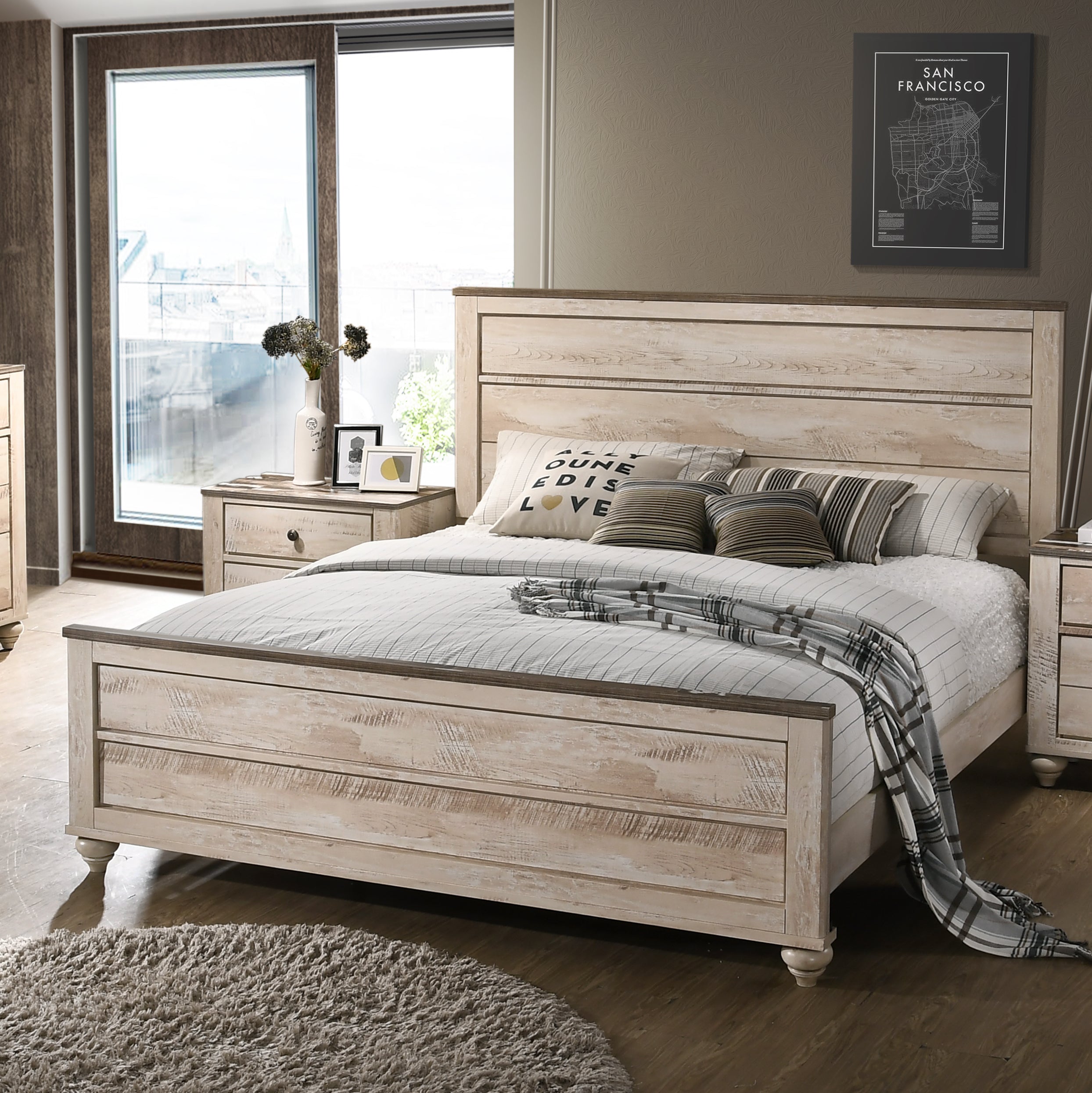 Imerland Contemporary White Wash Finish Panel Bed - Queen Size Modern Farmhouse Bed Frame with Solid Wood Headboard for Bedroom Decor