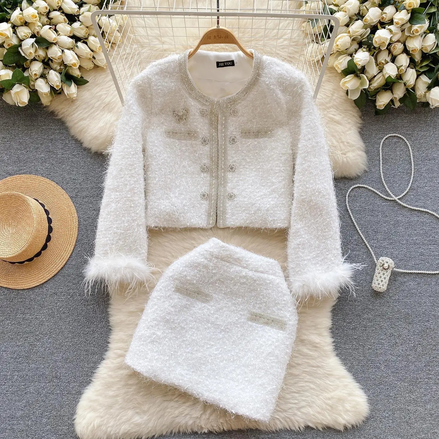 Vintage White 2-Piece Women's Outfit - Elegant Pink Round Neck Cardigan Coat & Zipper Mini Skirt Set | Fall Winter Party Fashion | Perfect for Holiday Gatherings, Date Nights & Office Wear