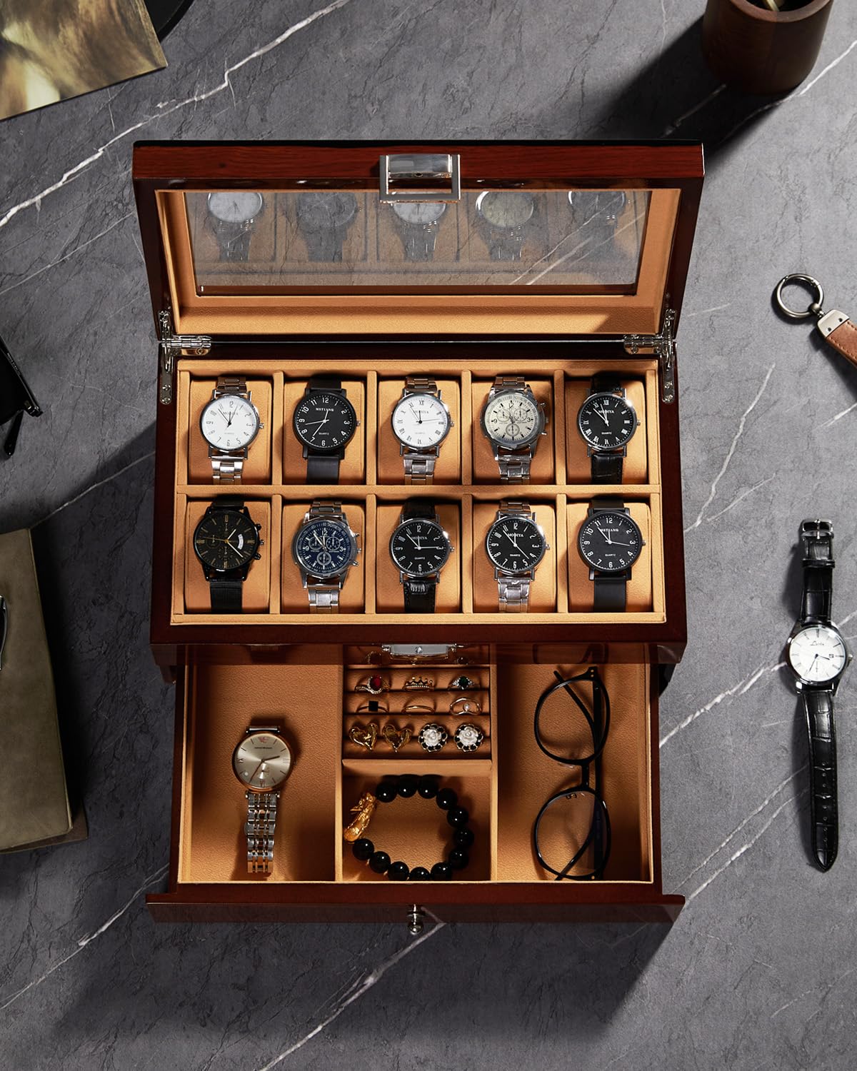 10-Slot Wooden Watch Box with Glass Lid & Drawer - 2-Layer Jewelry Organizer for Men & Women - Perfect for Watch Display, Collection Storage & Gift Giving