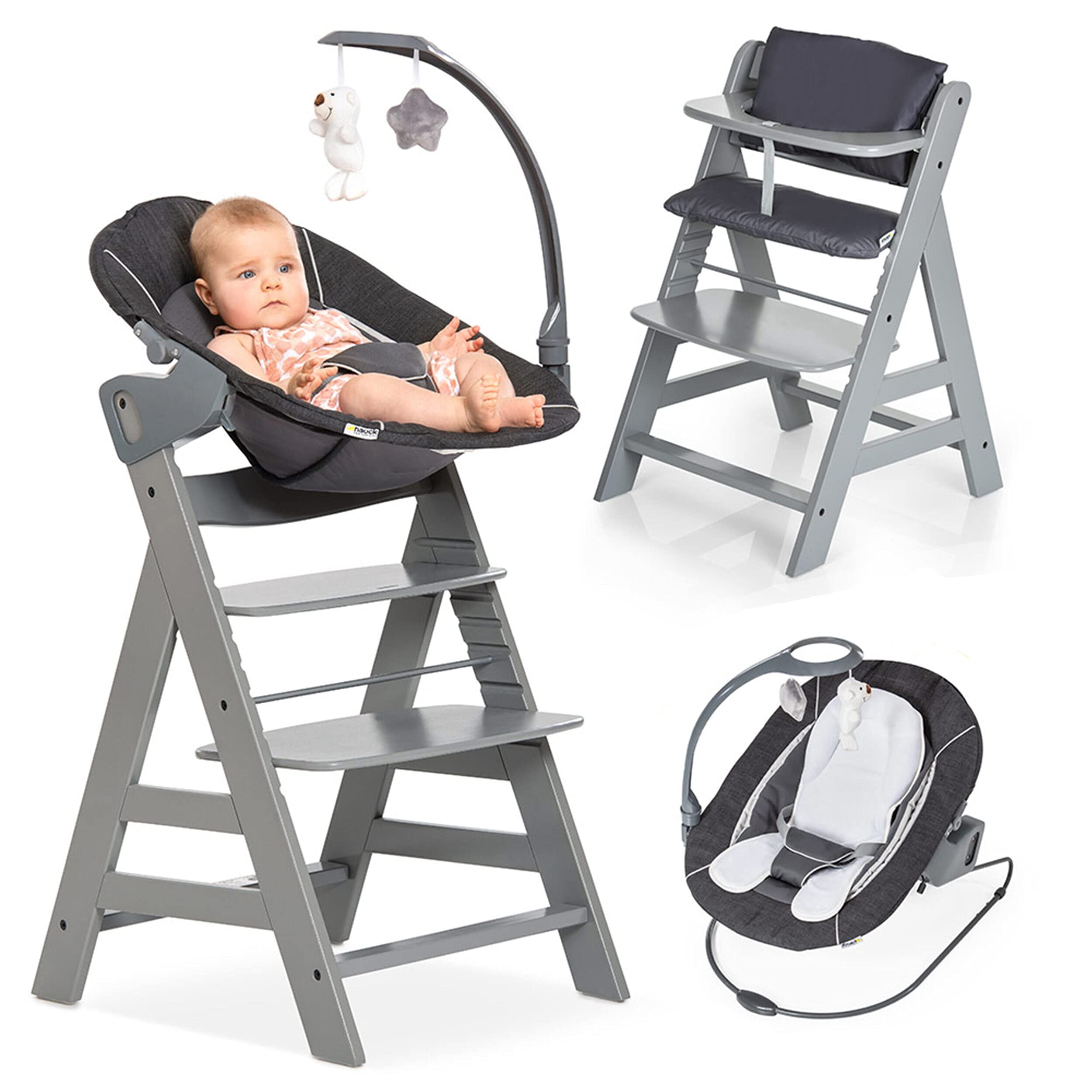 Hauck Alpha Plus Deluxe Adjustable High Chair for Newborns to Toddlers – Reclining Baby Lounger with Seat Cushion, Height Adjustment – Grey – Perfect for Feeding, Playtime & Relaxing at Home