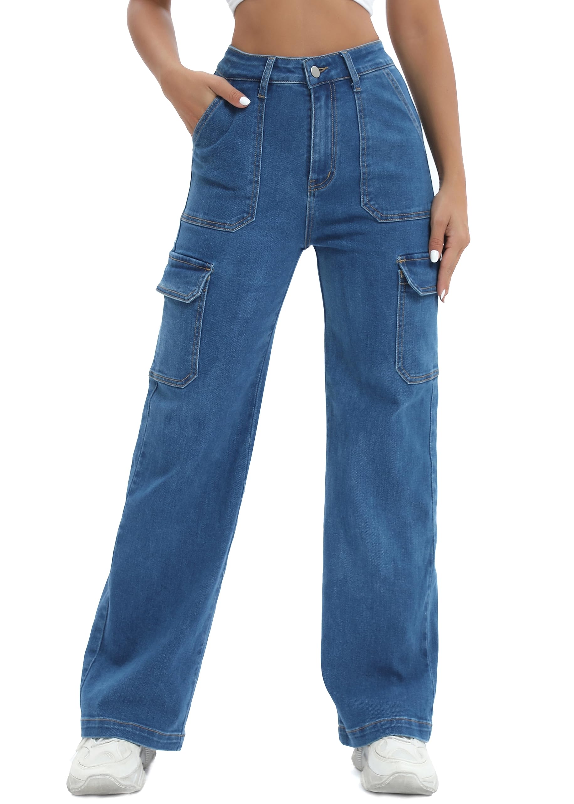Trendy Women's High Waist Cargo Jeans - Y2K Straight Leg Stretch Denim Pants | Lightweight & Comfortable for Casual Wear, Street Style & Everyday Outfits