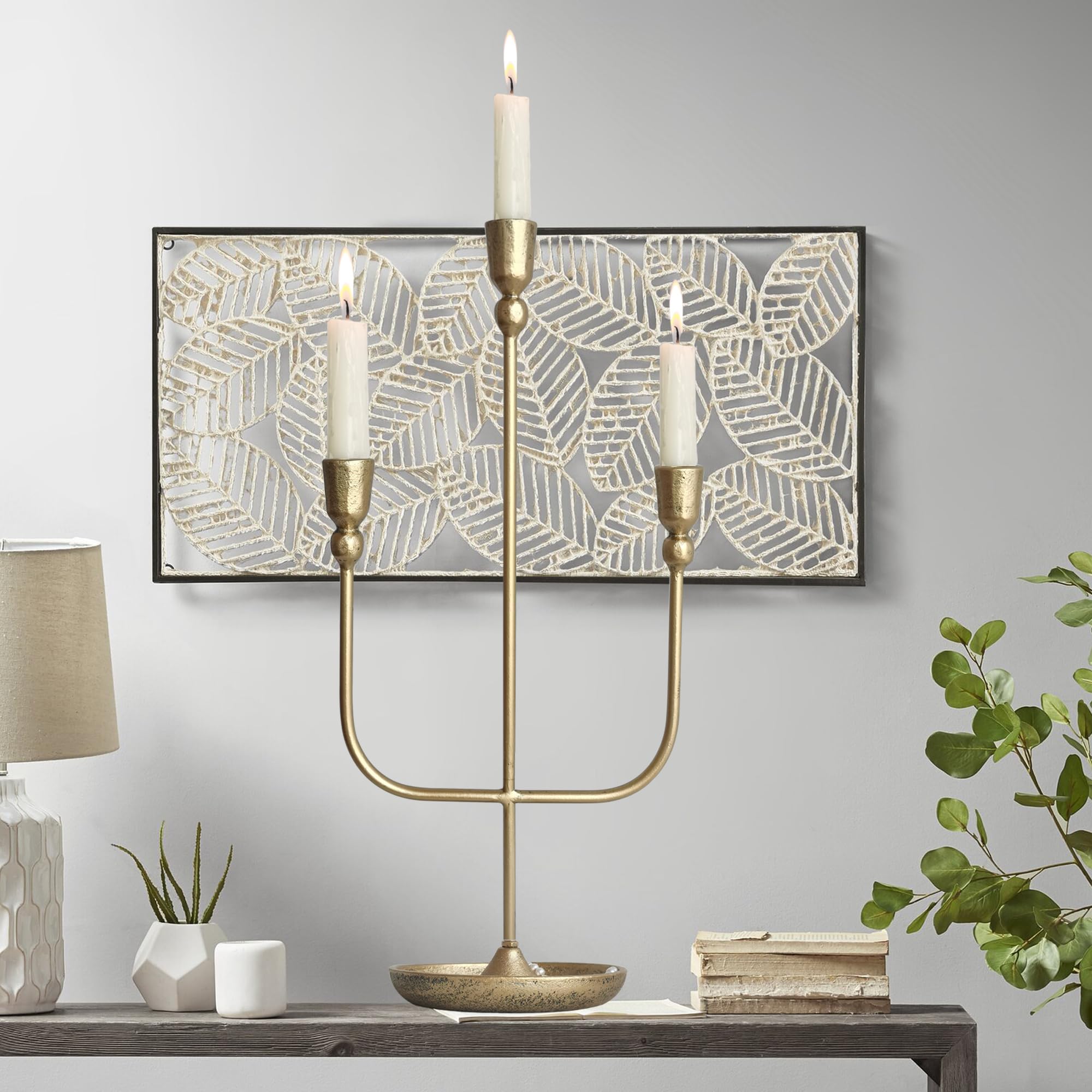 3-Piece Brass Finish Metal Candelabra Set - 20.5 Inch Tall Iron Candle Holders for Wedding Centerpieces, Dining Table Decor & Romantic Home Ambiance