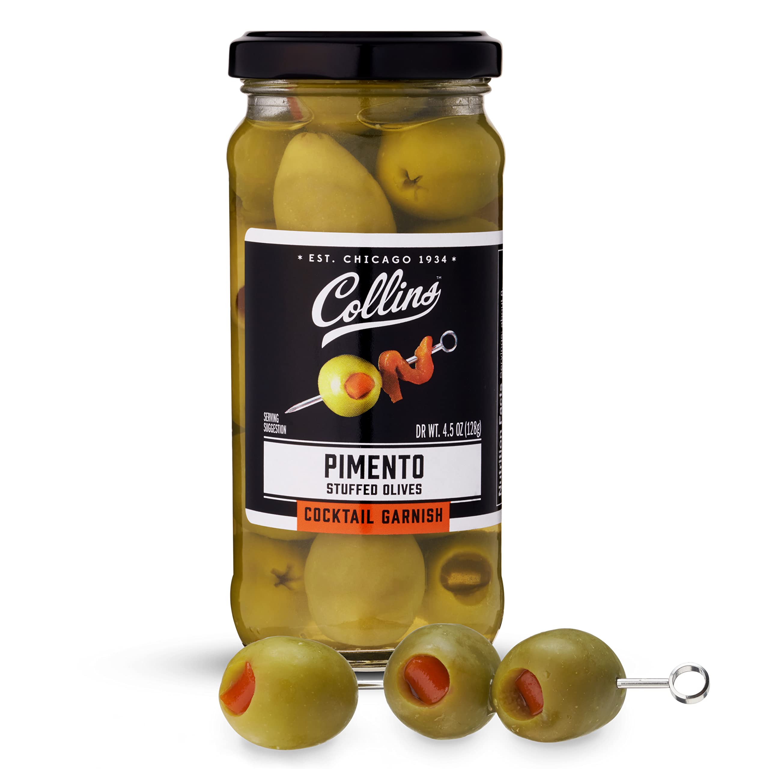 Premium Collins Pimento Stuffed Spanish Queen Olives - Gourmet Cocktail Olives with Pimento Pepper for Dirty Martinis, Charcuterie Boards & Cooking - 4.5oz Jar
