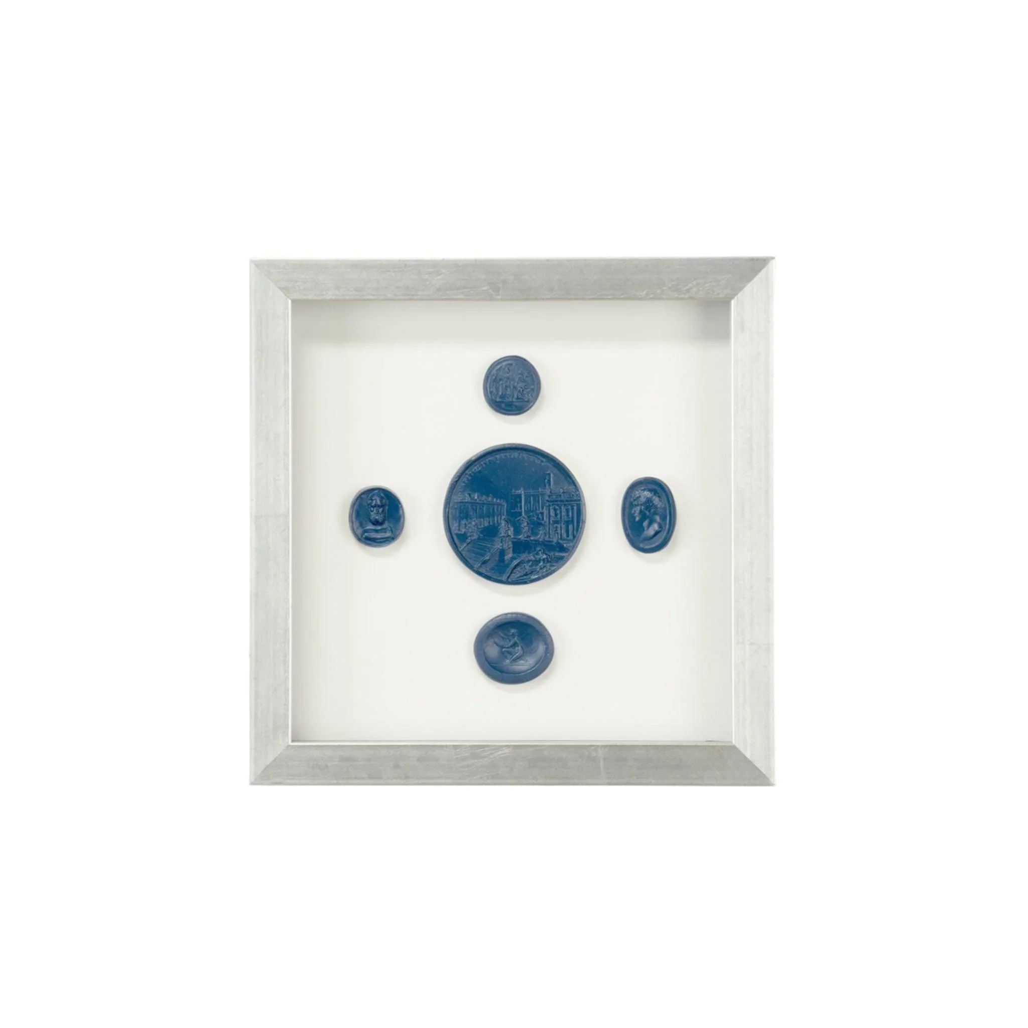 Blue Plaster Intaglios Small Wall Art - Contemporary Silver Leaf Frame - Perfect for Home Decor, Living Room, Bedroom & Office Wall Art