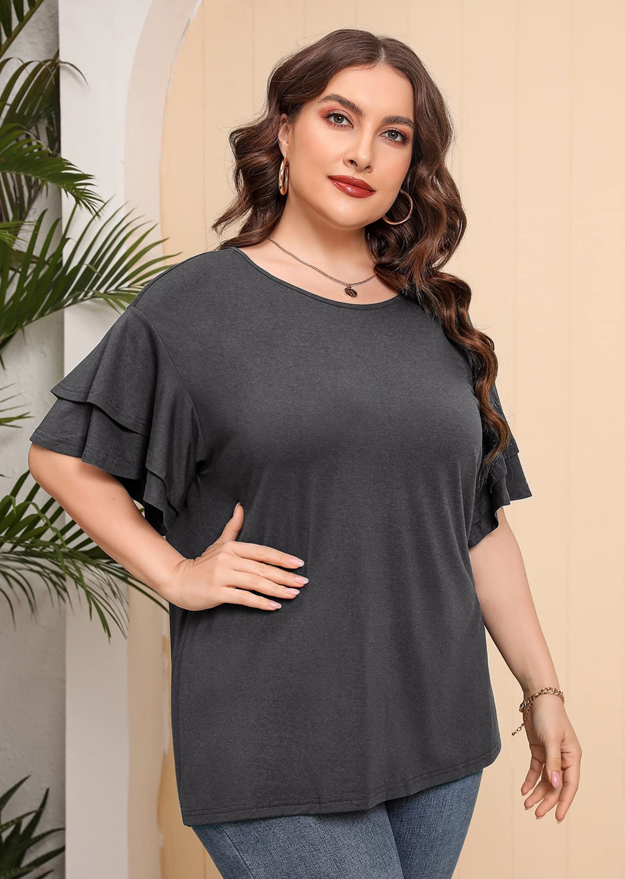 **AusLook Plus Size Tunic for Women - Double Ruffle Short Sleeve Loose Fit Flowy Shirt, Summer Casual Top for Work, Beach & Everyday Wear**