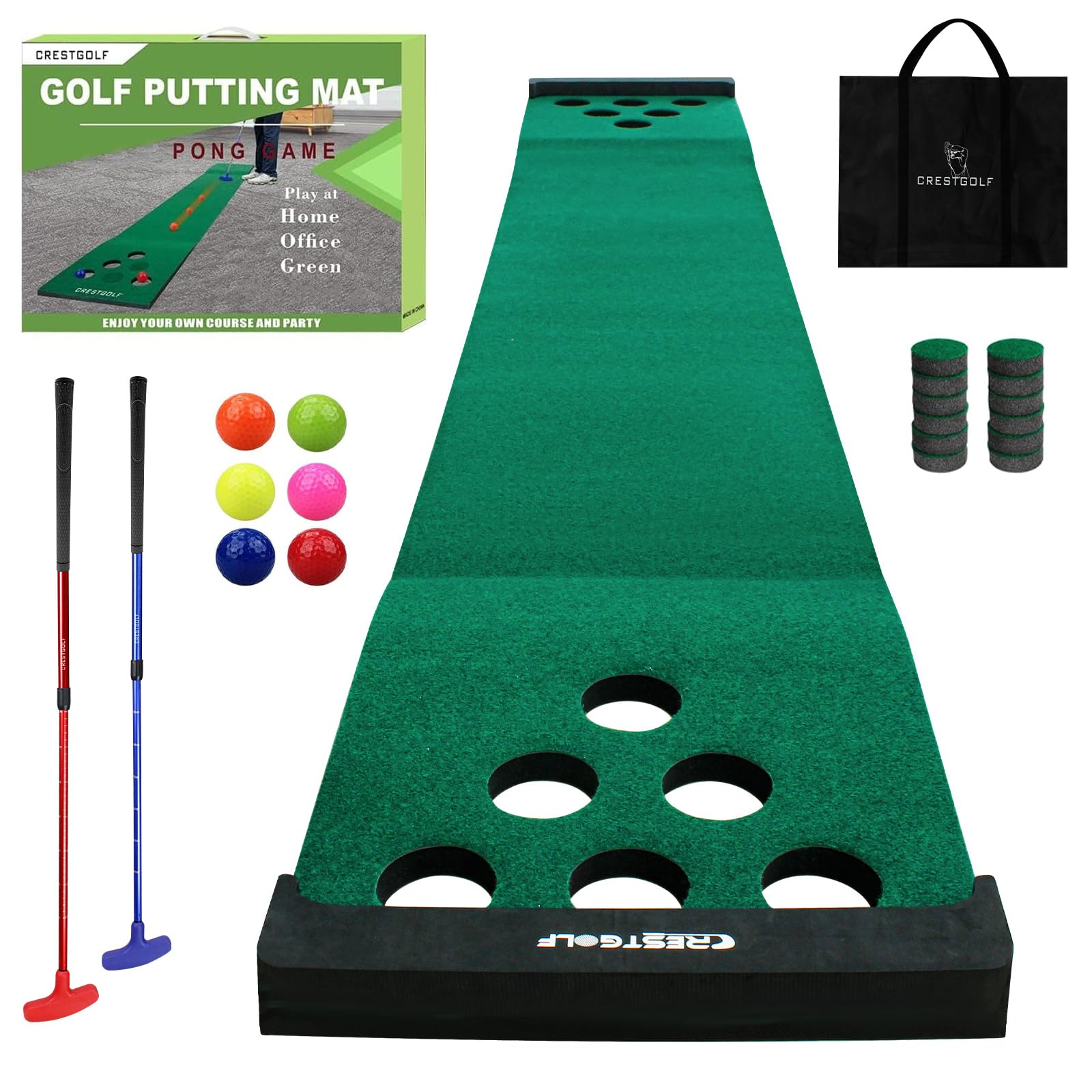 Pong Mat Golf Game Set - Green Indoor/Outdoor Putting Mat with 2 Adjustable Putters, 6 Golf Balls & 12 Hole Covers | Perfect for Short Game Practice, Office Parties, Backyard Fun & Family Entertainment