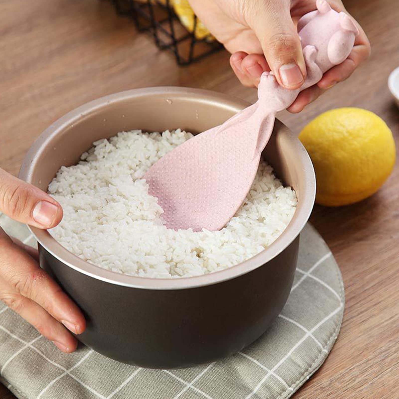 Non-Stick Rice Scoop Set - 4pcs Rabbit Design Rice Paddle Spoon with Stand, Wheat Straw Material for Rice Cooker - Perfect for Serving Rice, Sushi & Grain Dishes in Home Kitchen & Restaurants
