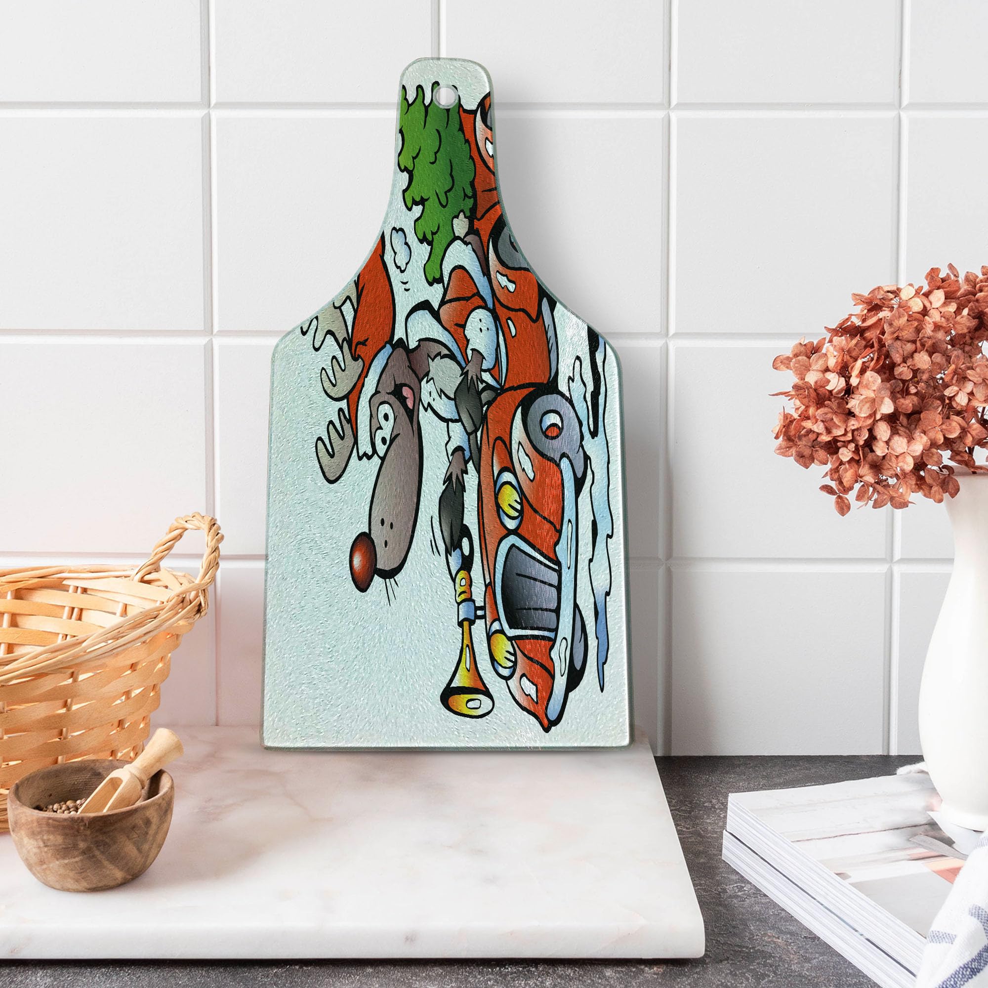 Ambesonne Christmas Themed Cutting Board - Reindeer Racing in Red Vintage Car with Xmas Tree, Santa Hat Winter Design - Durable Tempered Glass Serving Board for Cheese, Charcuterie & Holiday Decor - Wine Bottle Shape in Festive White Red Green Colors - Perfect for Christmas Parties, Gift Giving & Kitchen Decor