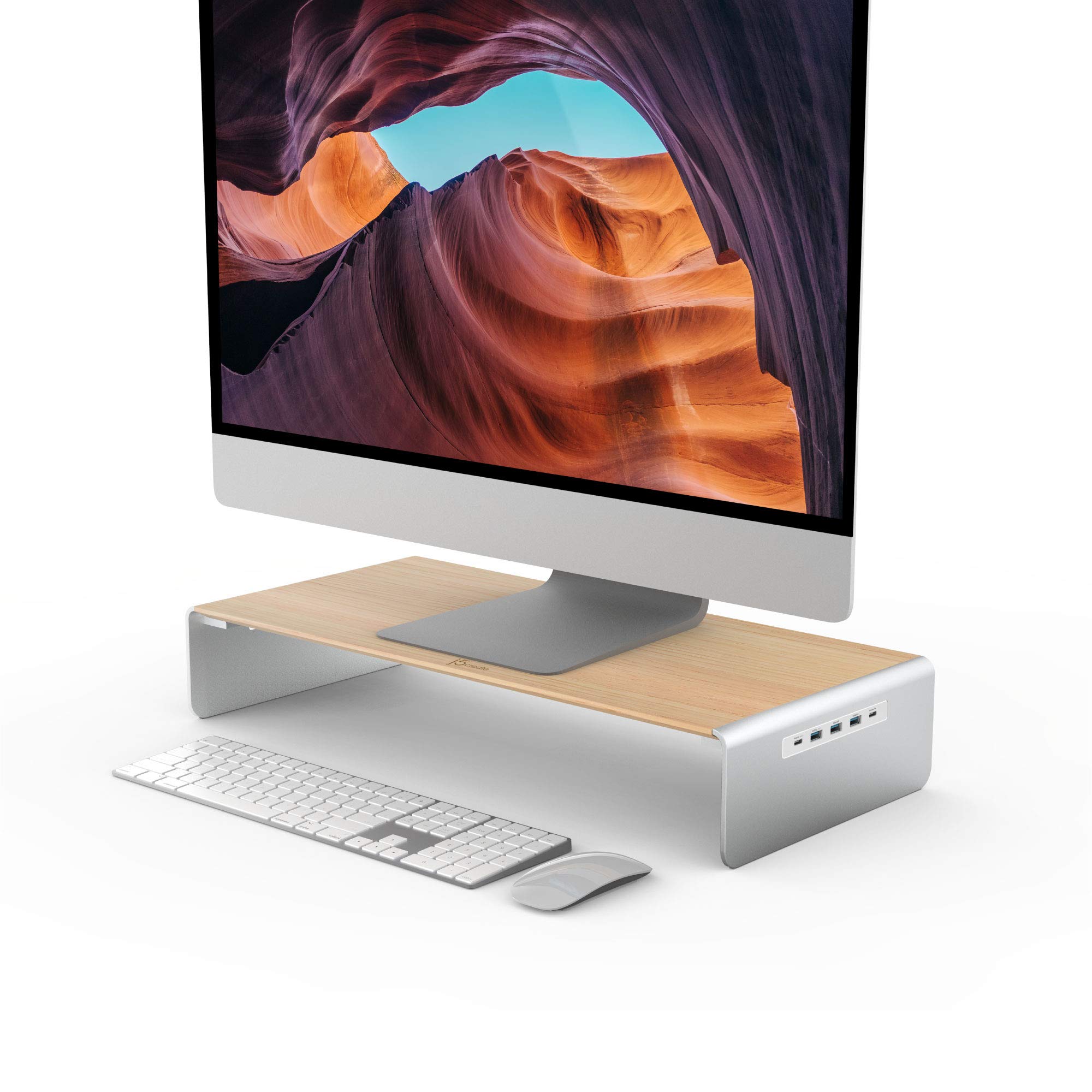 J5Create Premium Wooden Monitor Stand with USB-C/HDMI Docking Station - Includes USB 3.1 C to C Cable - Handcrafted Wood & Aluminum Riser for Computer Monitors, Laptops & TVs - Perfect for Home Office, Gaming & Workspace Setup