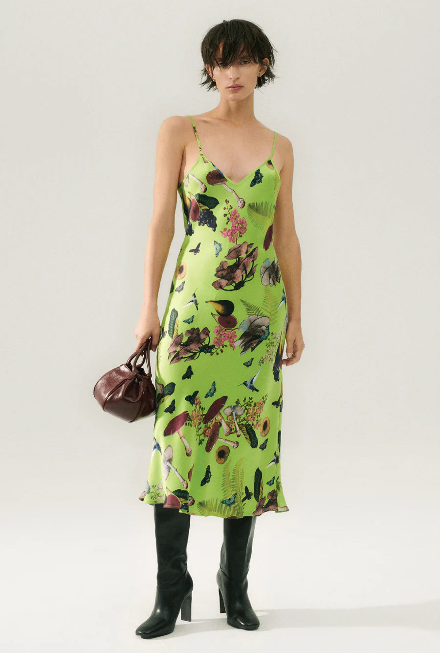 90s Slip Dress with Magic Mushroom & Fern Print - Vintage Floral Mini Dress for Women, Perfect for Parties, Dates & Boho Fashion