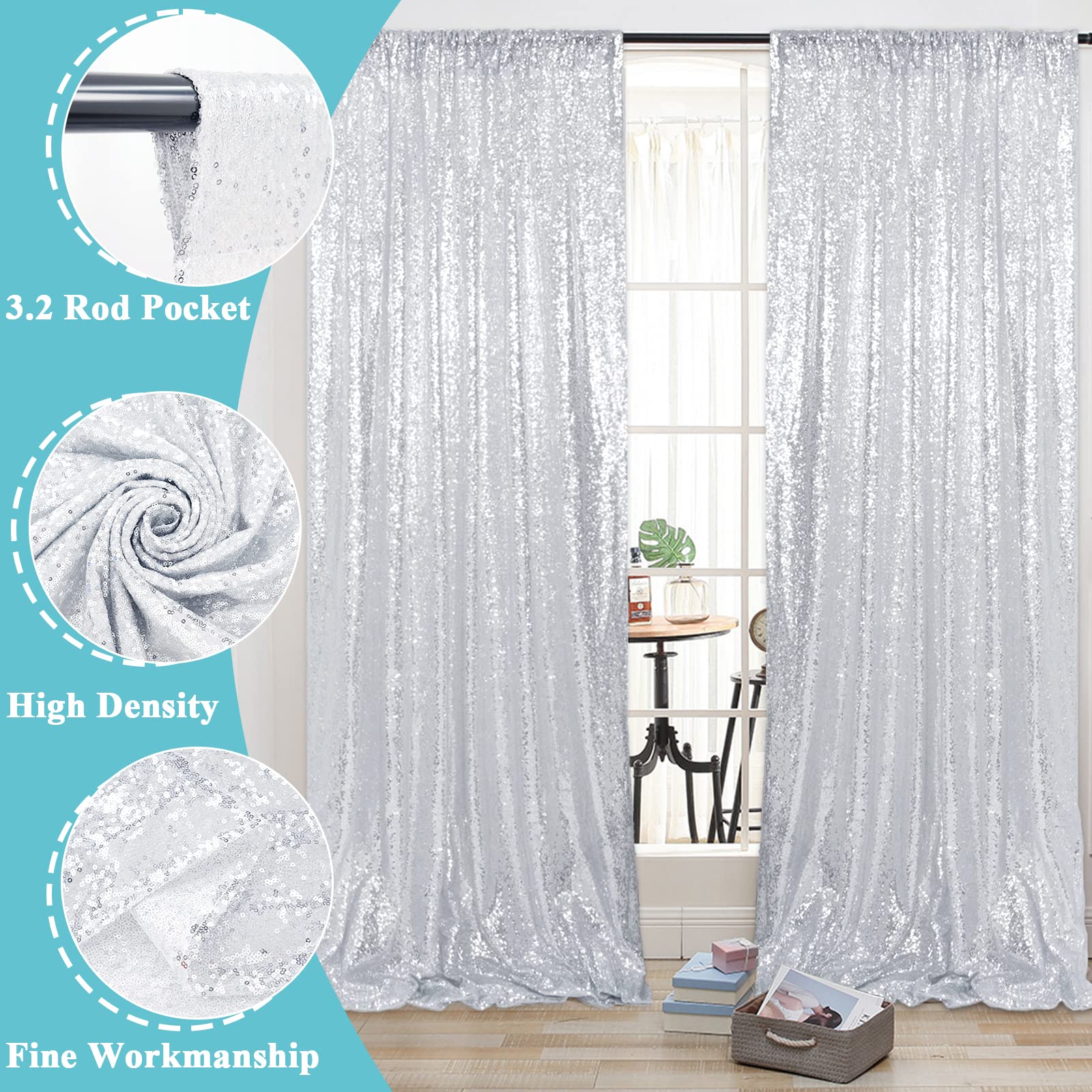 Trlyc 2X8FT Christmas Silver Sequin Curtain - Sparkling Sequin Party Backdrop for Weddings, Holidays & Home Decor | Perfect for Christmas, New Year, Birthday Parties & Photo Booths