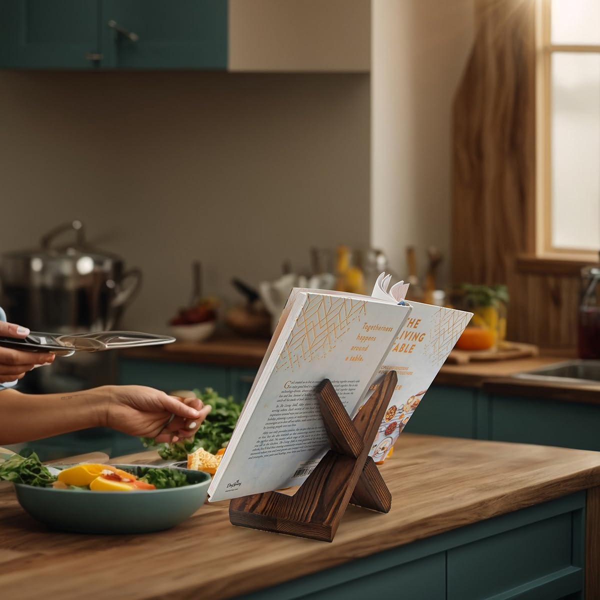 Rustic Wooden Cookbook Holder Stand - 2 Pack for Kitchen Counter, Recipe Book Organizer - Perfect for Cooking & Baking
