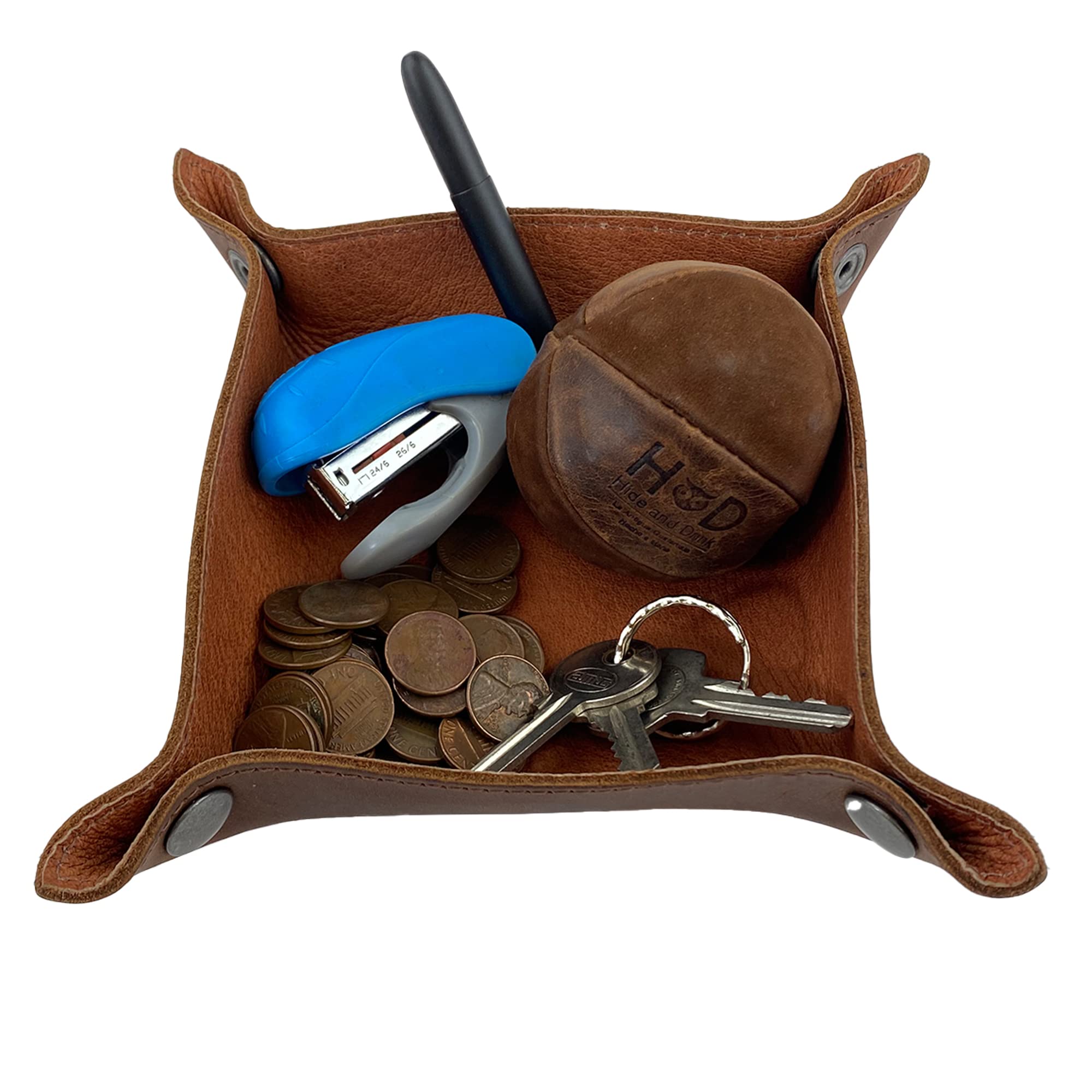 Handmade Full Grain Leather Catchall Tray - Key Wallet, Coin Box & Storage Valet with Brass Snaps | Home Organization & Travel Essentials | Perfect for Nightstand, Dresser & Entryway Organization (Cinnamon)