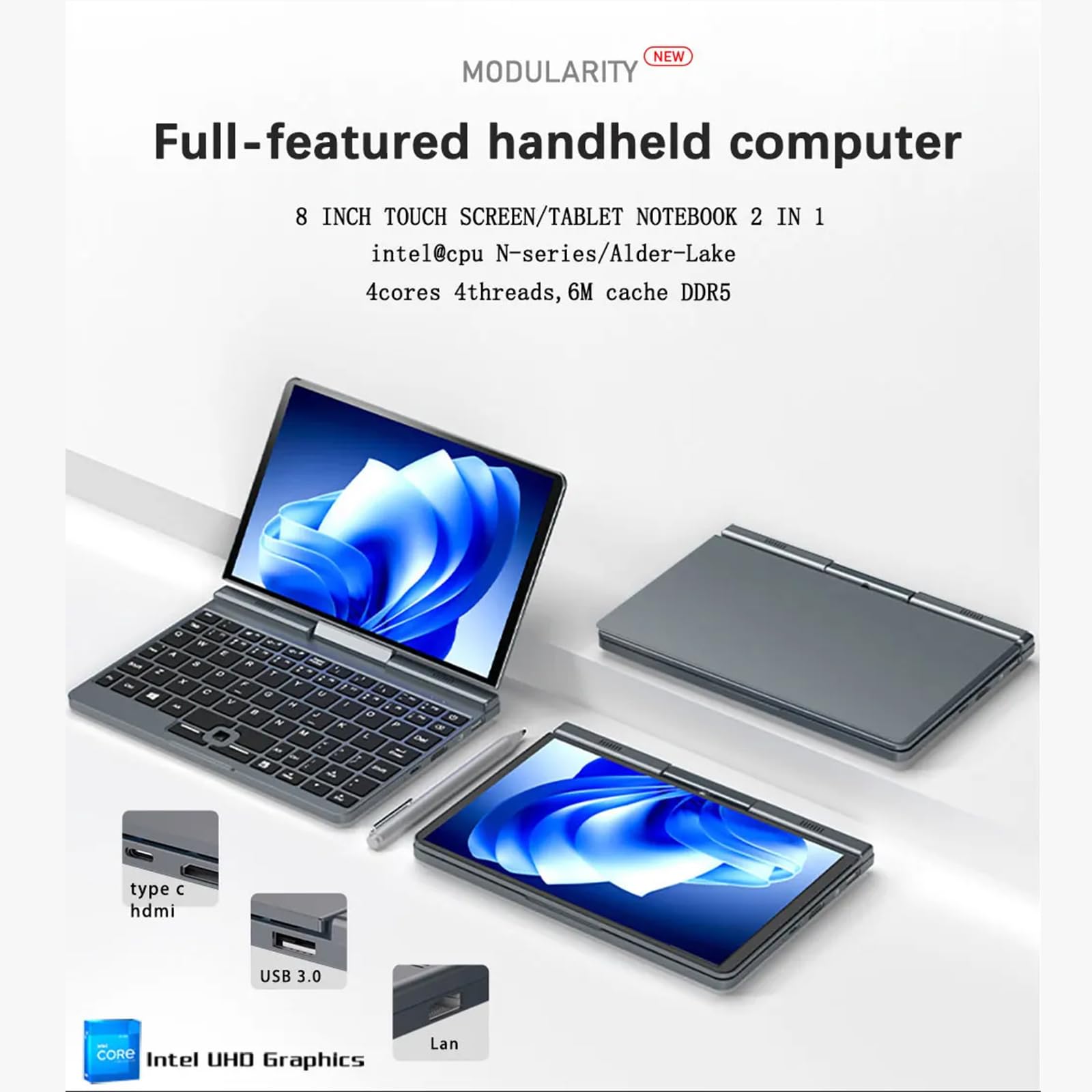 Tuofudun 12th Gen P8 N100 Mini Gaming Laptop - 8 Inch Touch Screen, 12GB DDR5 RAM, 1TB SSD, 2-in-1 Notebook Tablet PC for Work, Study & Entertainment | Portable Gaming & Productivity Device
