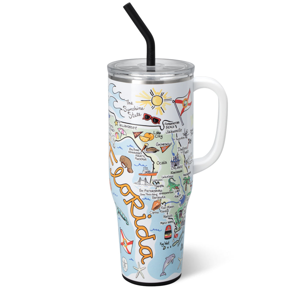 Florida Mega Mug 40oz Large Insulated Tumbler with Lid and Straw - Perfect for Coffee, Tea, Smoothies at Home, Office or Travel