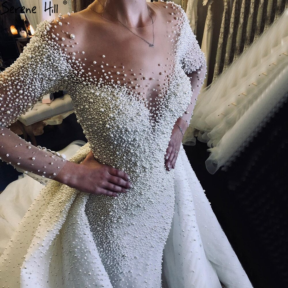 Serene Hill Luxury Ivory Detachable Train Mermaid Wedding Dress 2025 - Pearl Beaded Bridal Gown HM67182 Custom Made for Beach, Church & Formal Weddings