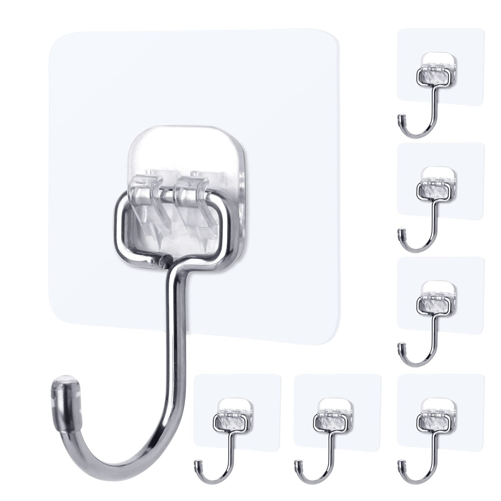 UFFQDJ Heavy Duty Adhesive Wall Hooks - 22LB Max Weight, No Nails Needed, Transparent Stainless Steel Hangers - 6 Pack for Bathroom, Kitchen, Closet & Utility Room Organization