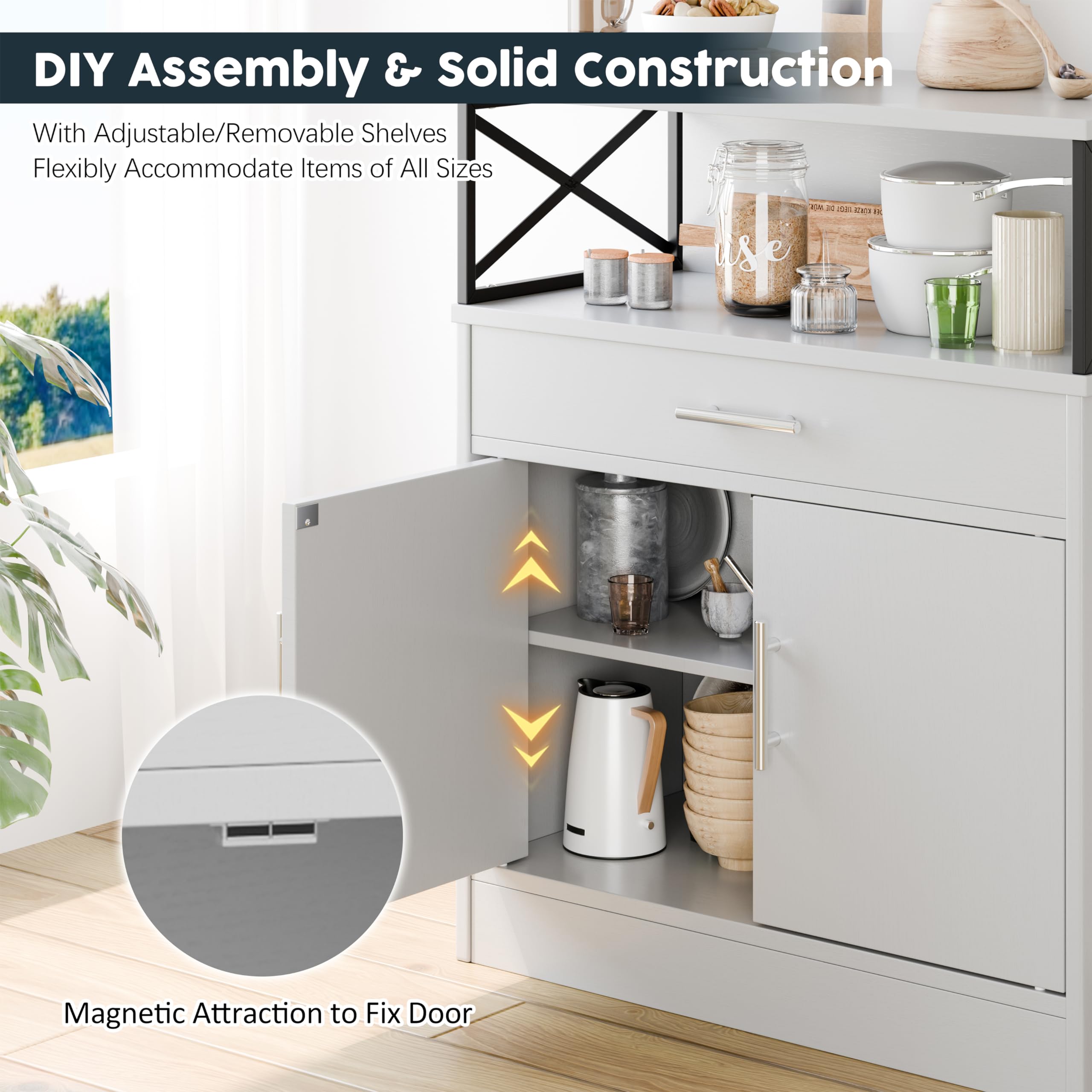 SUNLEI White Farmhouse Kitchen Buffet Cabinet with 2 Doors, 1 Drawer & Adjustable Shelves - Storage Sideboard for Dining Room, Living Room & Laundry - Perfect for Coffee Bar Setup & Home Organization