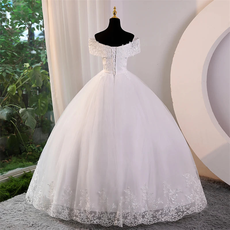 Elegant Plus Size Off Shoulder Wedding Dress with Appliques and Pearls - Perfect for Brides, Beach Weddings & Formal Occasions