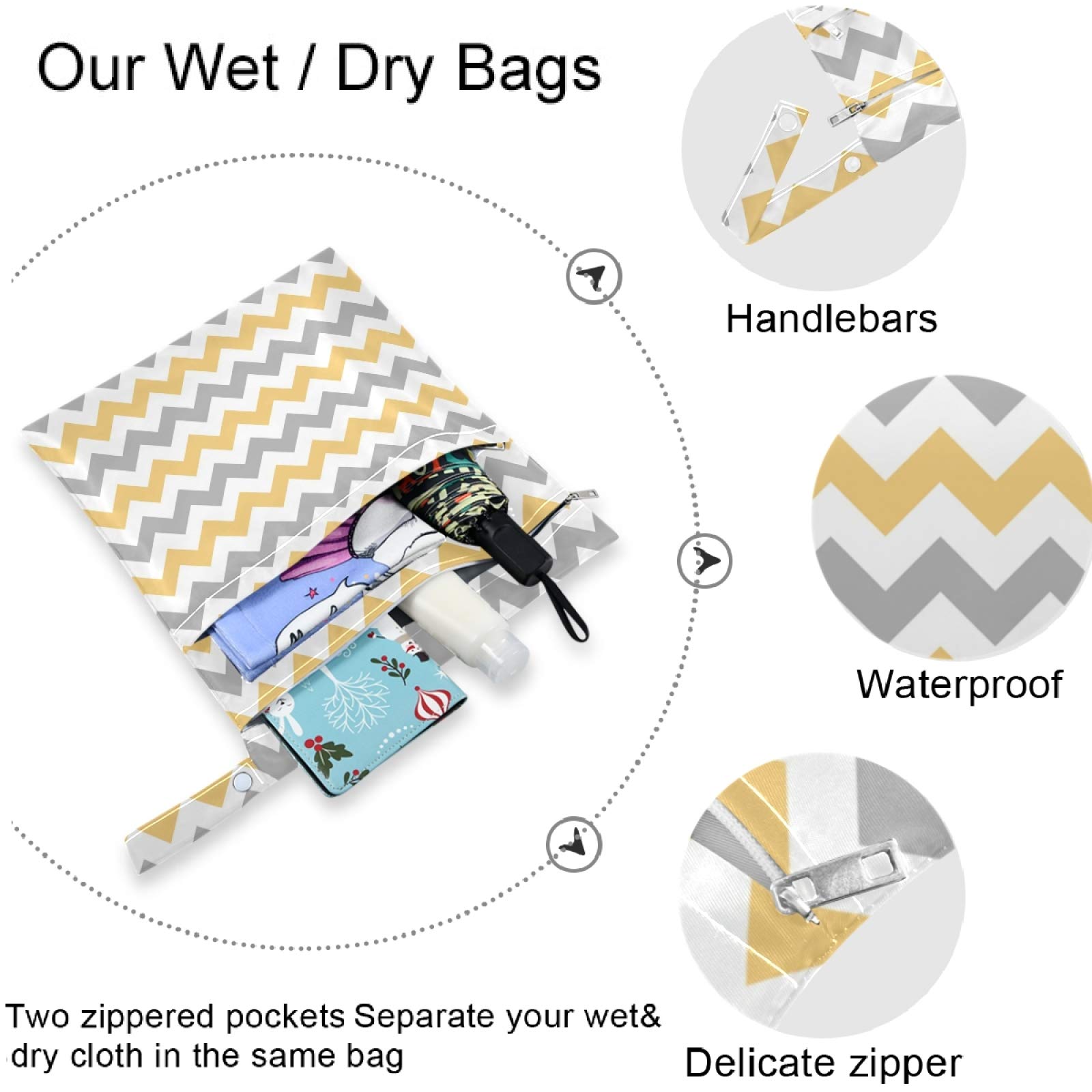 Visesunny Grey and Yellow Plaid Chevron 2-Piece Wet Bag Set with Zippered Pockets - Washable & Reusable for Travel, Beach, Pool, Daycare | Perfect for Stroller Organization, Diaper Storage, Gym Clothes, Swimsuits & Toiletries | Great for Moms, Babies & Active Lifestyles
