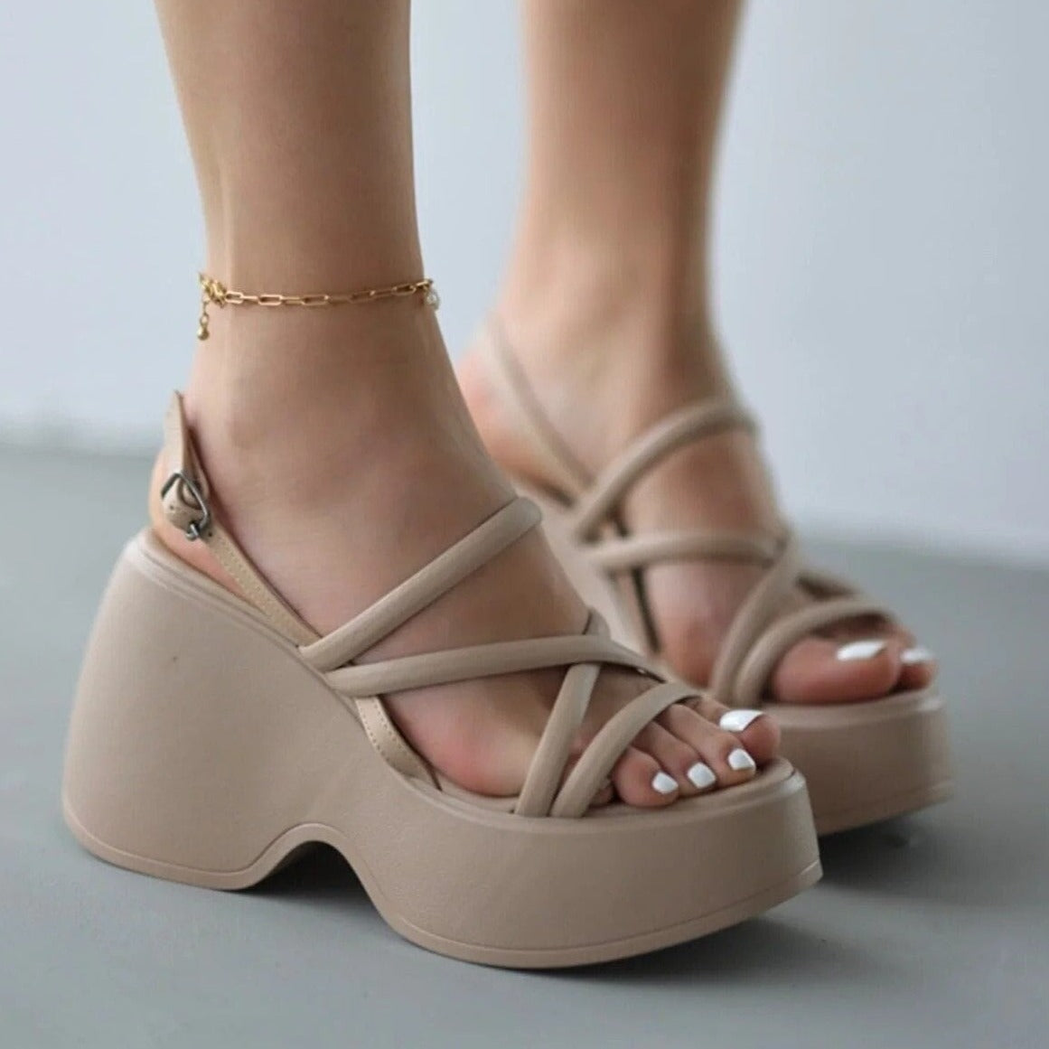 Diana Women's Chunky Wedge Sandals - Comfortable Beige Summer Shoes for Beach, Walking & Casual Outfits