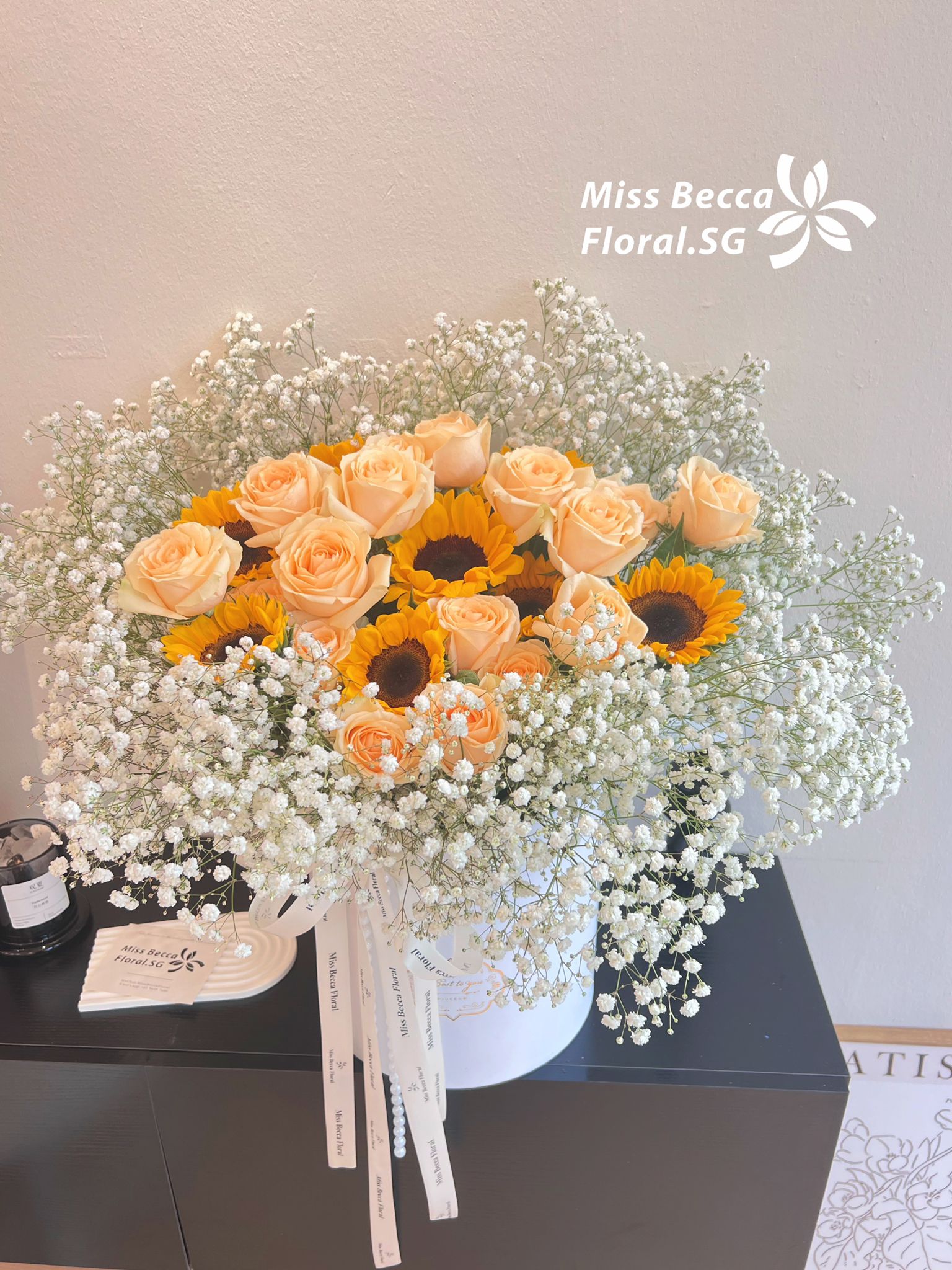 Sunflower Champagne Rose Gypsophila Flower Basket - Elegant Table Centerpiece for Weddings, Parties & Home Decor