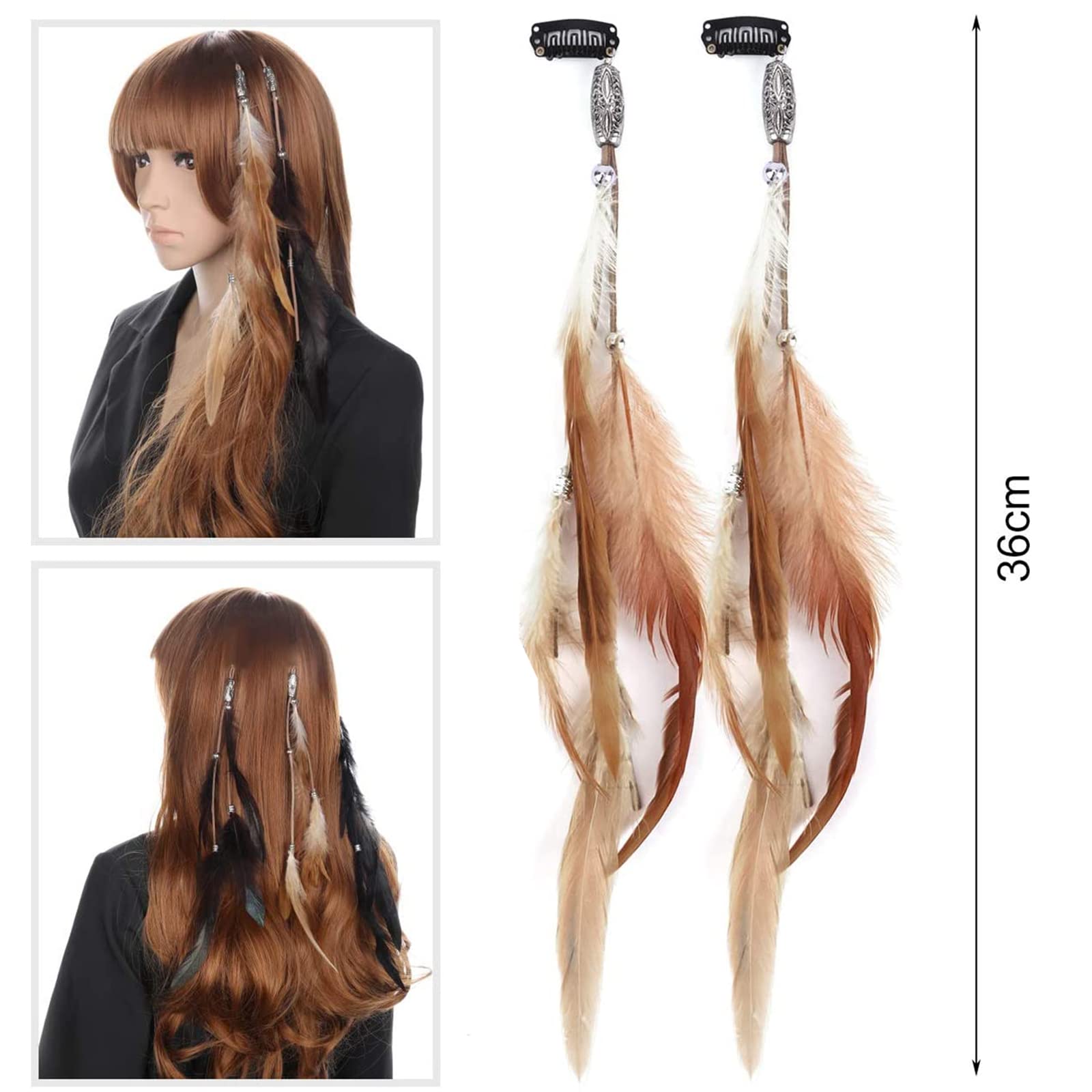 MWOOT 4Pcs Boho Feather Hair Clips for Women - Handmade Hippie Hair Accessories with Clip Comb & Indian Tassel Beads - Festival Headdress for Coachella, Raves, Concerts & Costume Parties (Brown Khaki)