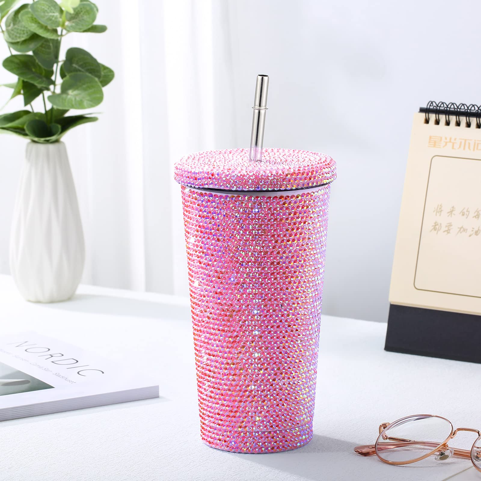 Sparkling Studded Rhinestone Tumbler - 16.9oz Stainless Steel Vacuum Insulated Water Bottle with Lid & Straw | Diamond Glitter Thermal Cup with Cleaning Brushes (1 Cup Brush + 6 Straw Brushes) | Perfect for Women's Gym, Office & Outdoor Activities (AB Pink)