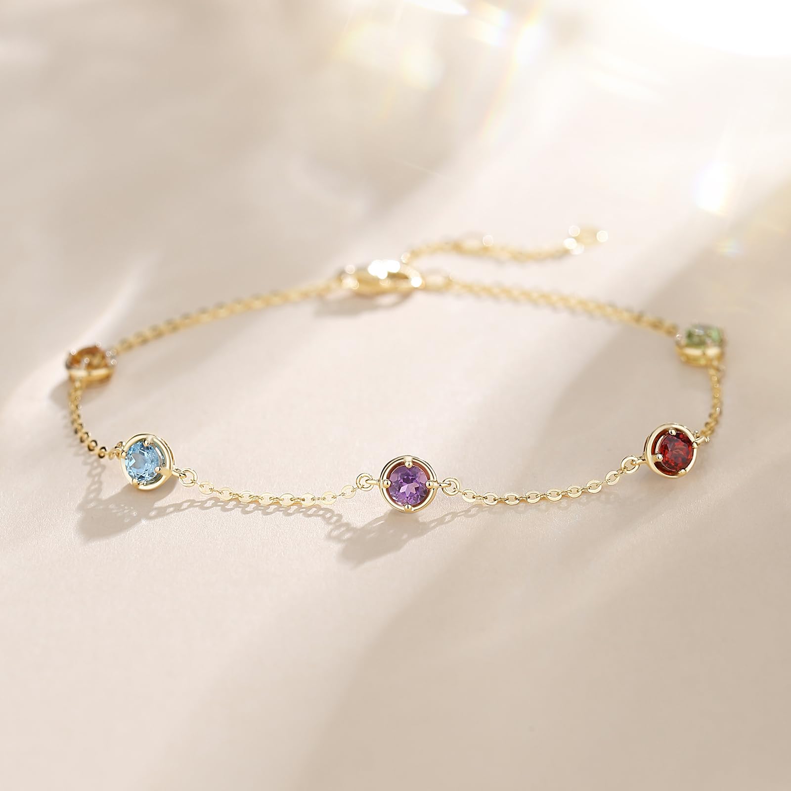14K Solid Gold Minimalist Charm Bracelet with Natural Gemstones - Amethyst, Peridot, Blue Topaz, Citrine & Garnet | Dainty Jewelry Gift for Women & Girls | Perfect for Everyday Wear, Special Occasions & Gifting