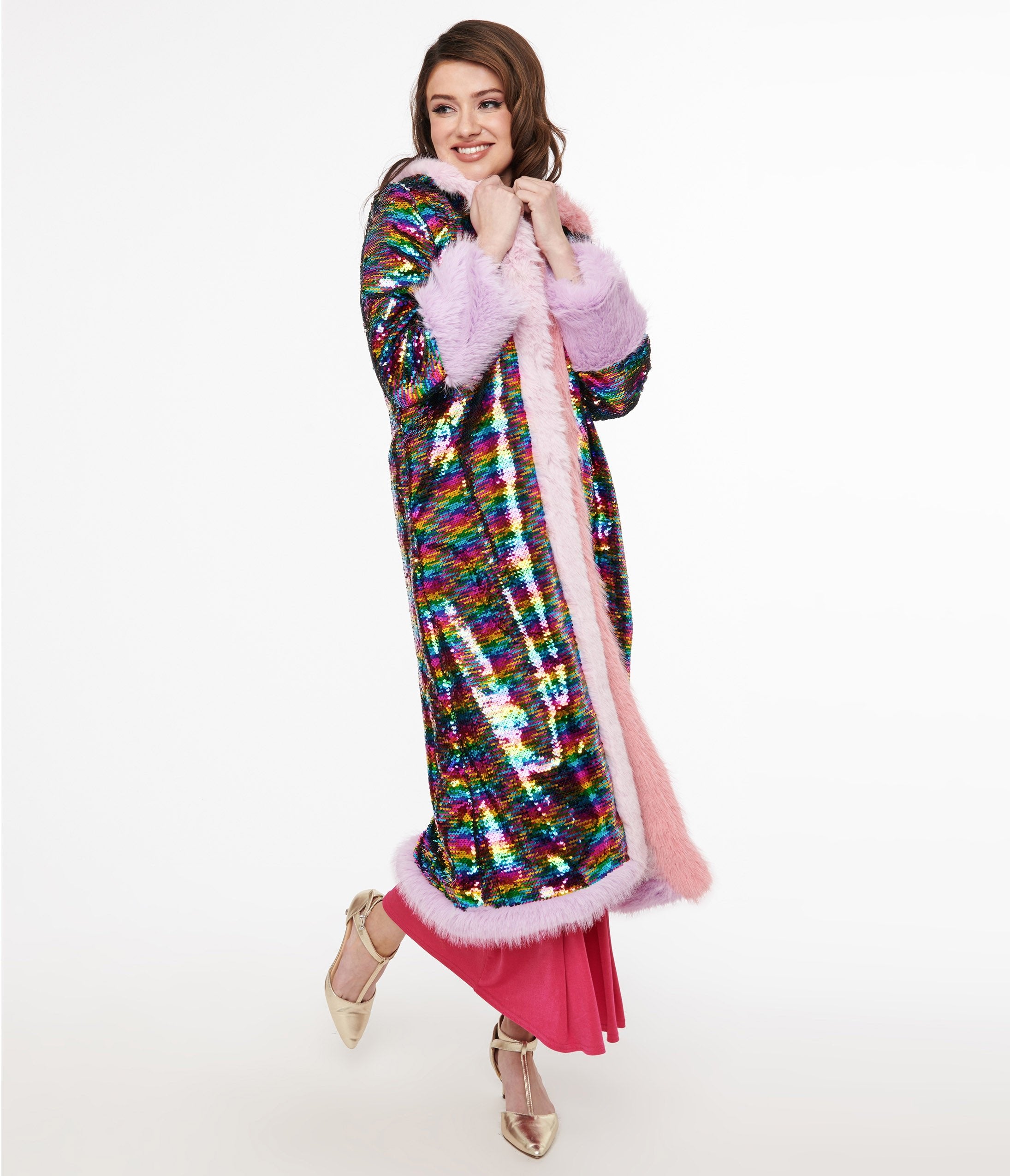 Sparkling Rainbow Sequin Long Coat for Women - Elegant Party Wear, Evening Gala & Special Occasions