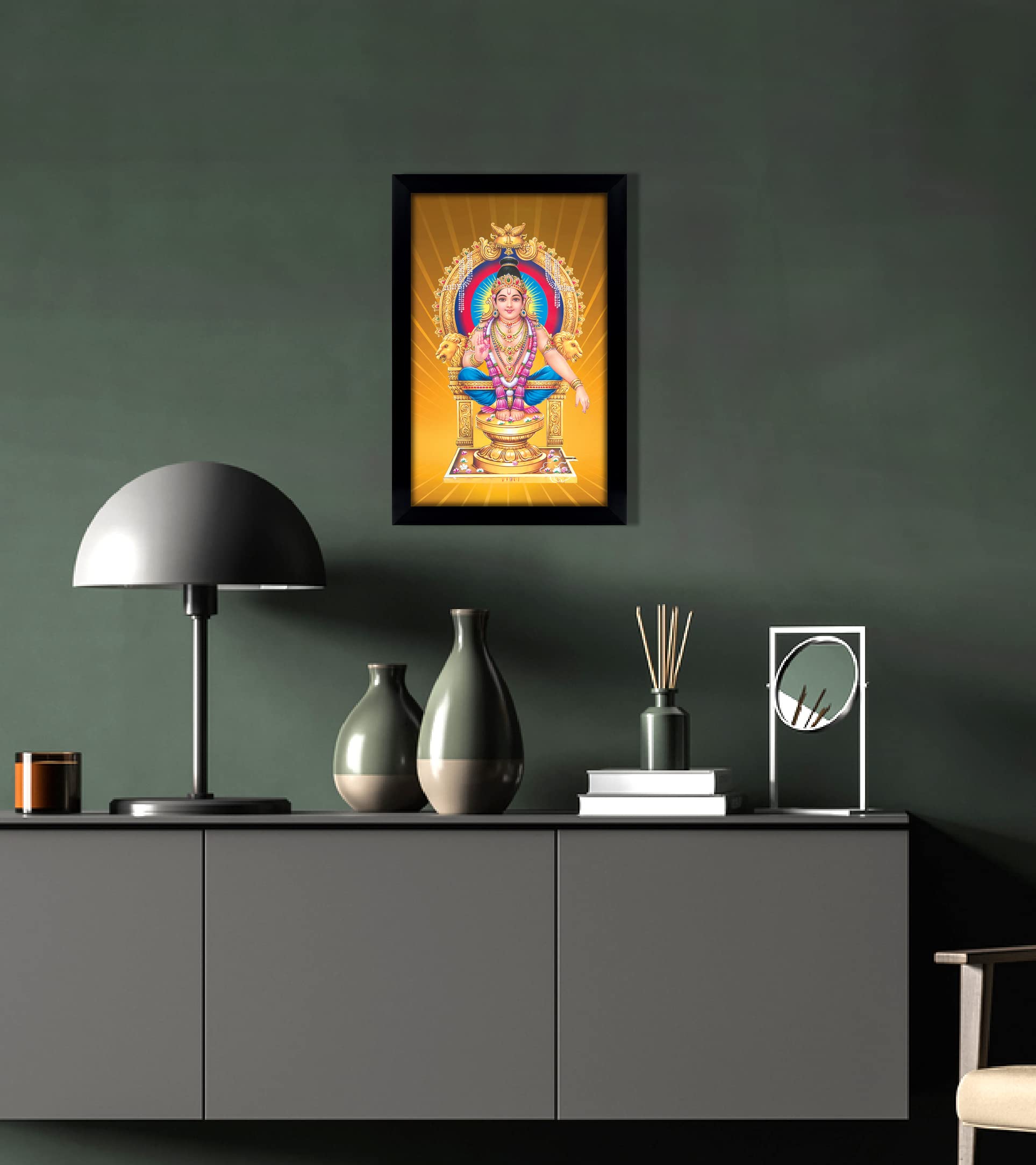 Lord Ayyappa Swamy Picture Frame - Religious Poster Wall Art with Black Frame - Hindu Deity Photo Display for Home, Office & Temple Decor - Perfect for Pooja Rooms, Altars & Spiritual Spaces