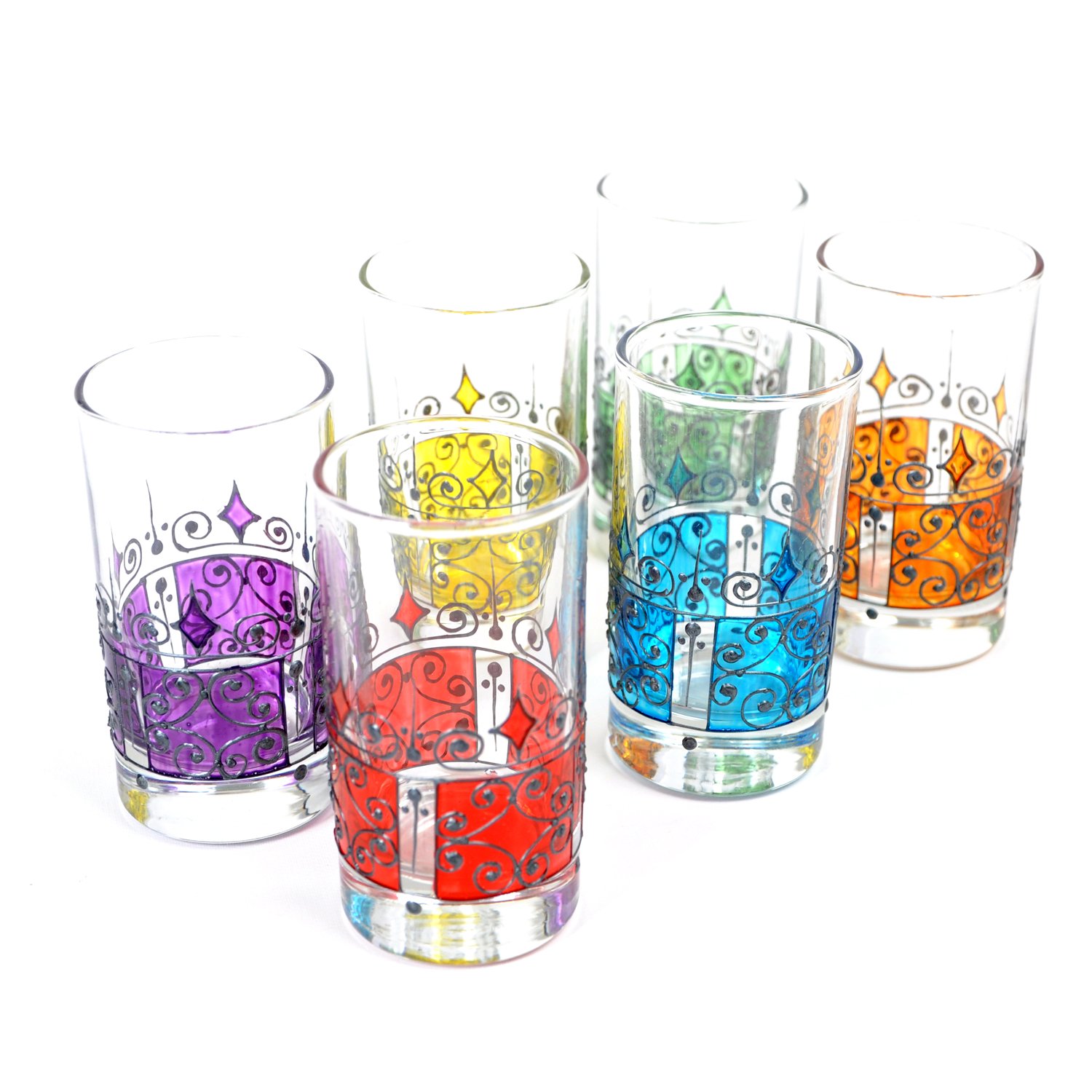 Hand Painted Moroccan Tea Glasses - Set of 6 Unique Moorish Decorative Drinking Cups for Mint Tea, Home Decor & Gift Giving | Perfect for Moroccan Tea Ceremonies, Dinner Parties & Bohemian Home Decor