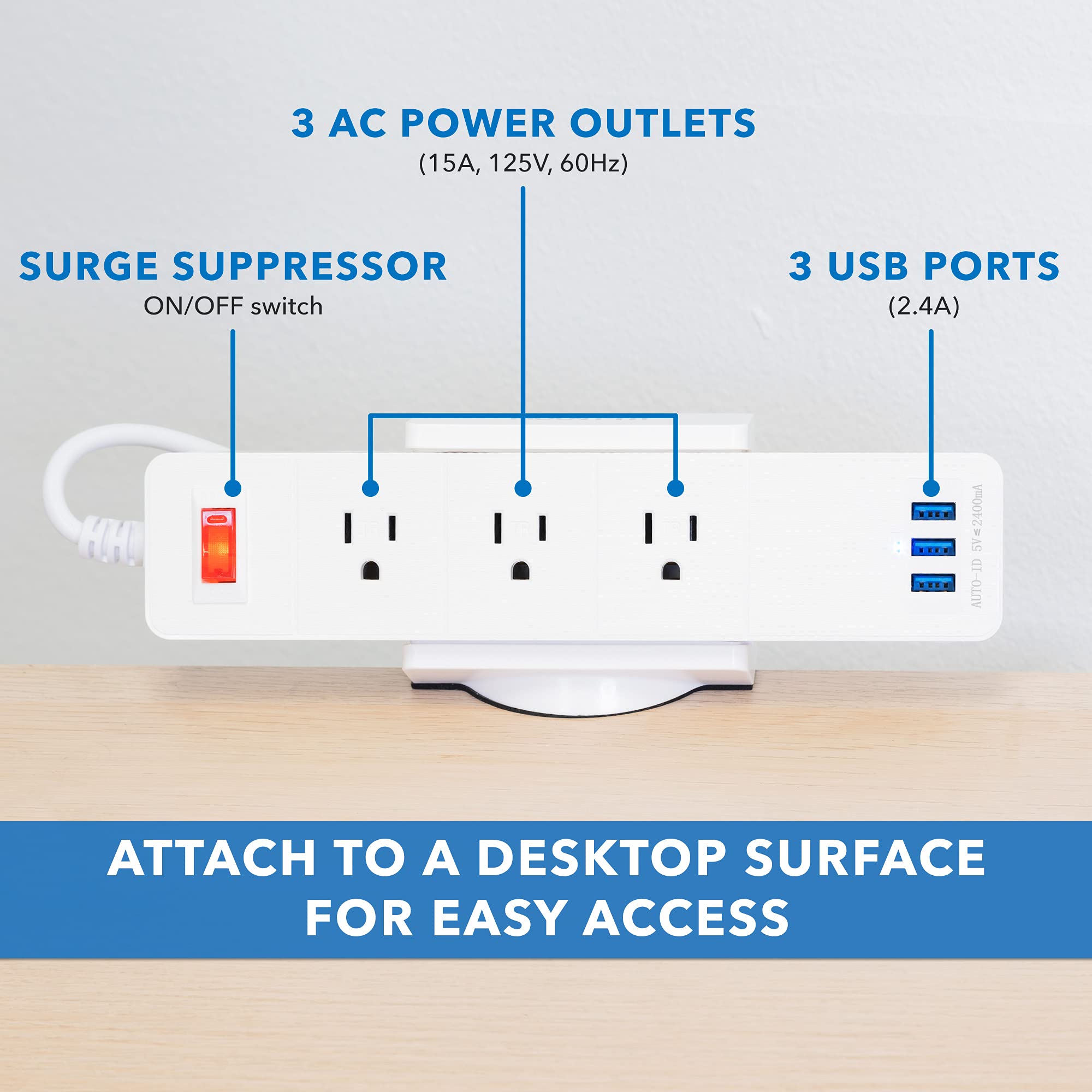 Mount-It! Surge Protector Power Strip Holder - Adjustable Desk Clamp Mount with 3 USB Ports & 3 AC Outlets | White Cable Management Organizer for Home Office, Gaming Setup & Workspace | Secure Power Strip Mount for Desk, Shelf or Workstation