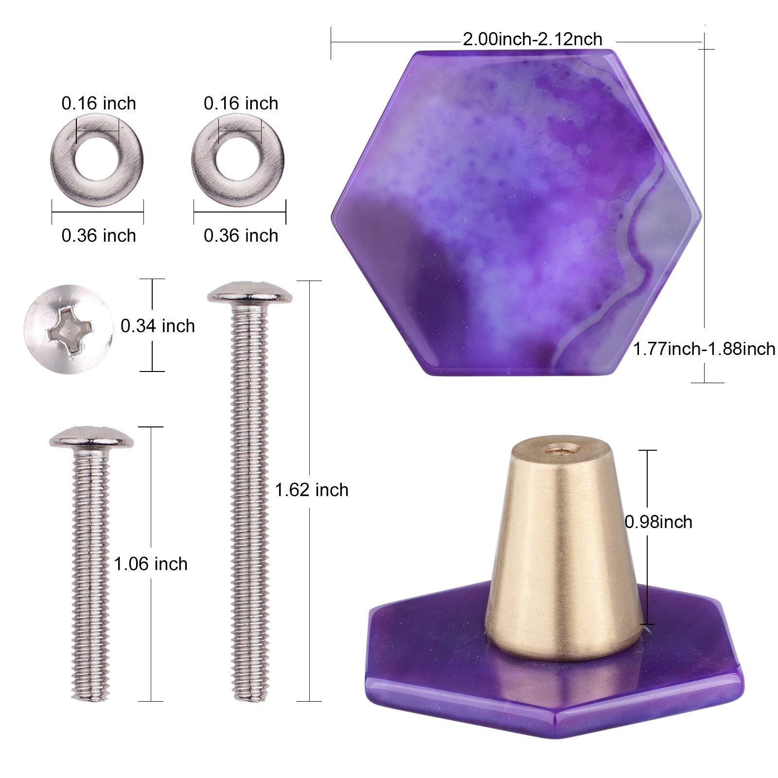 MookaiteDecor Set of 4 Purple Agate Slice Cabinet Knobs with Screws - Hexagon Stone Drawer Pulls Handle for Dresser, Cupboard, Kitchen Cabinet - Elegant Home Decor Upgrade for Bedroom & Bathroom Storage